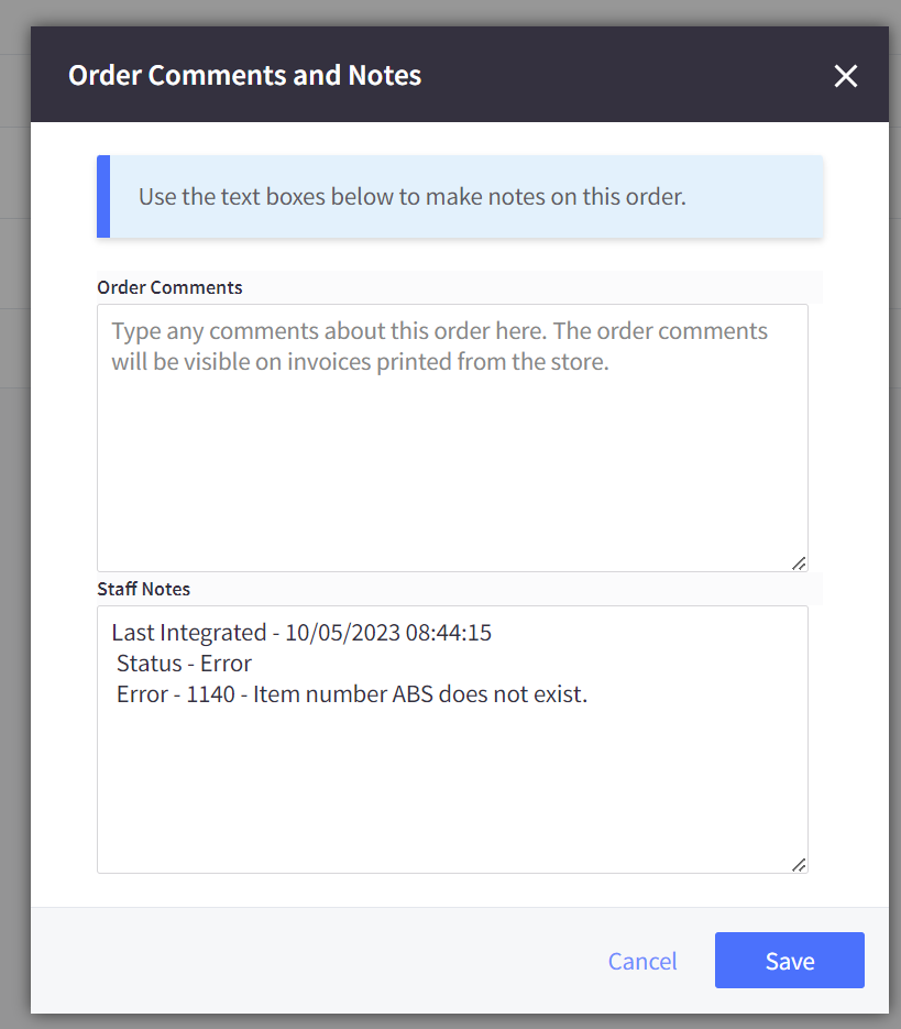 Staff notes on a BigCommerce order