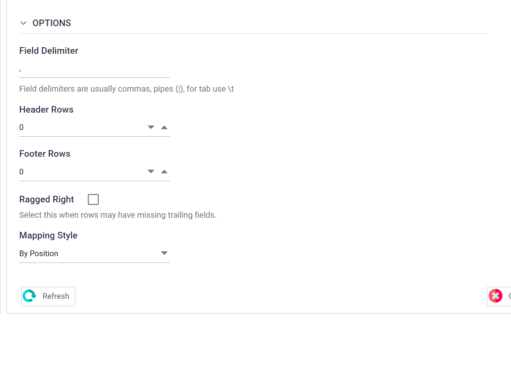 The CSV Reader Setup tab, Options section. Field Delimiter is a comma, Header Rows 0, Footer Rows 0, Ragged Right unticked, Mapping Style By Position, Hierarchy Style Keyed Fields and Record Type Field Field1.