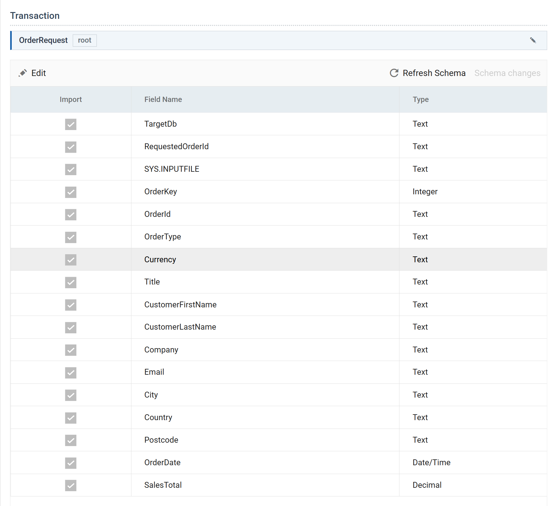 The Order Reader Field Mapping tab, showing a single transaction OrderRequest whose field list begins with TargetDb, RequestedOrderId and SYS.INPUTFILE and continues with OrderKey, OrderId, OrderType, Currency, Title, CustomerFirstName, CustomerLastName, Company, Email, City, Country, Postcode, OrderDate and SalesTotal.