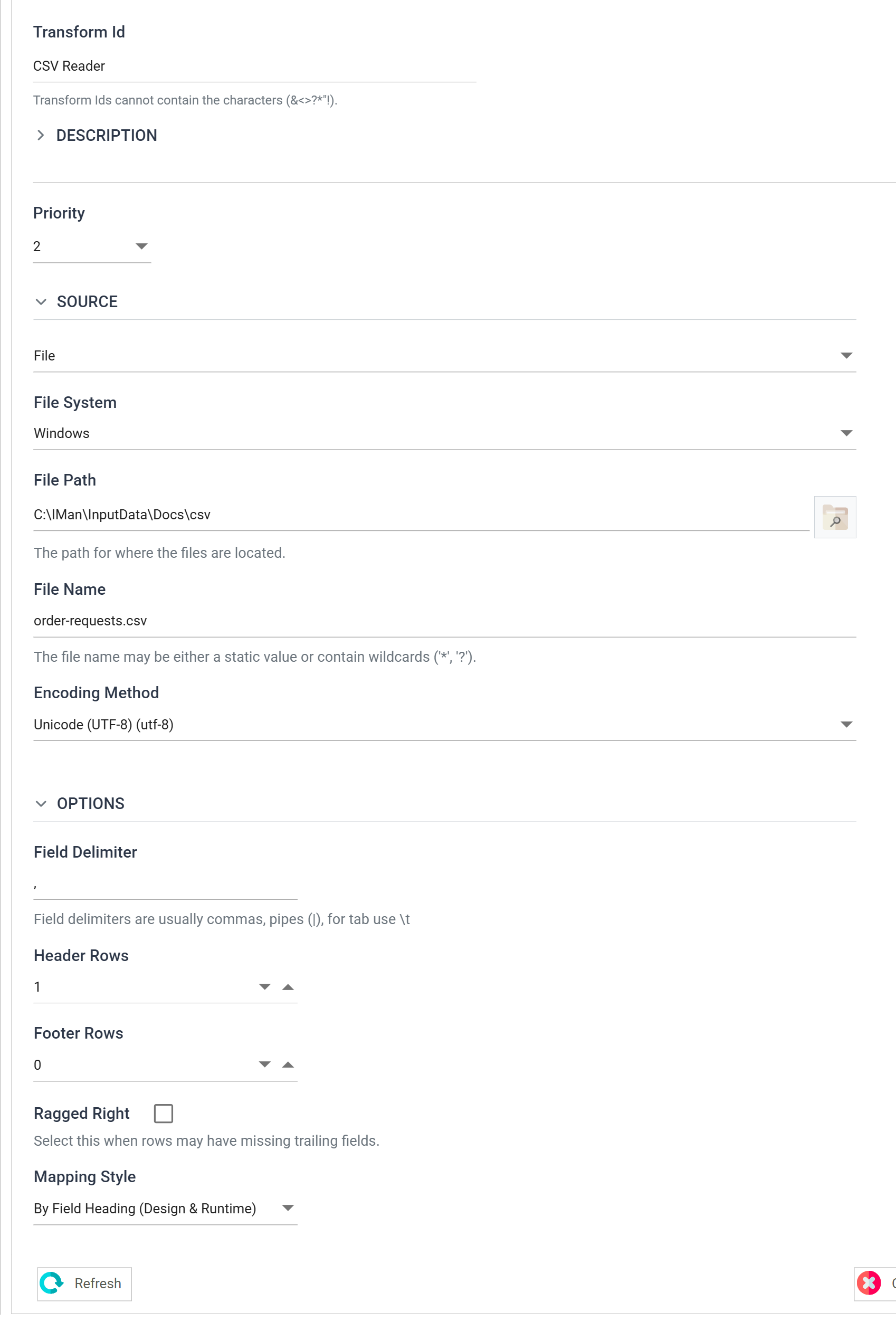 The CSV Reader Setup tab. Transform Id is CSV Reader, File Name is order-requests.csv, Header Rows is 1 and Mapping Style is By Field Heading.