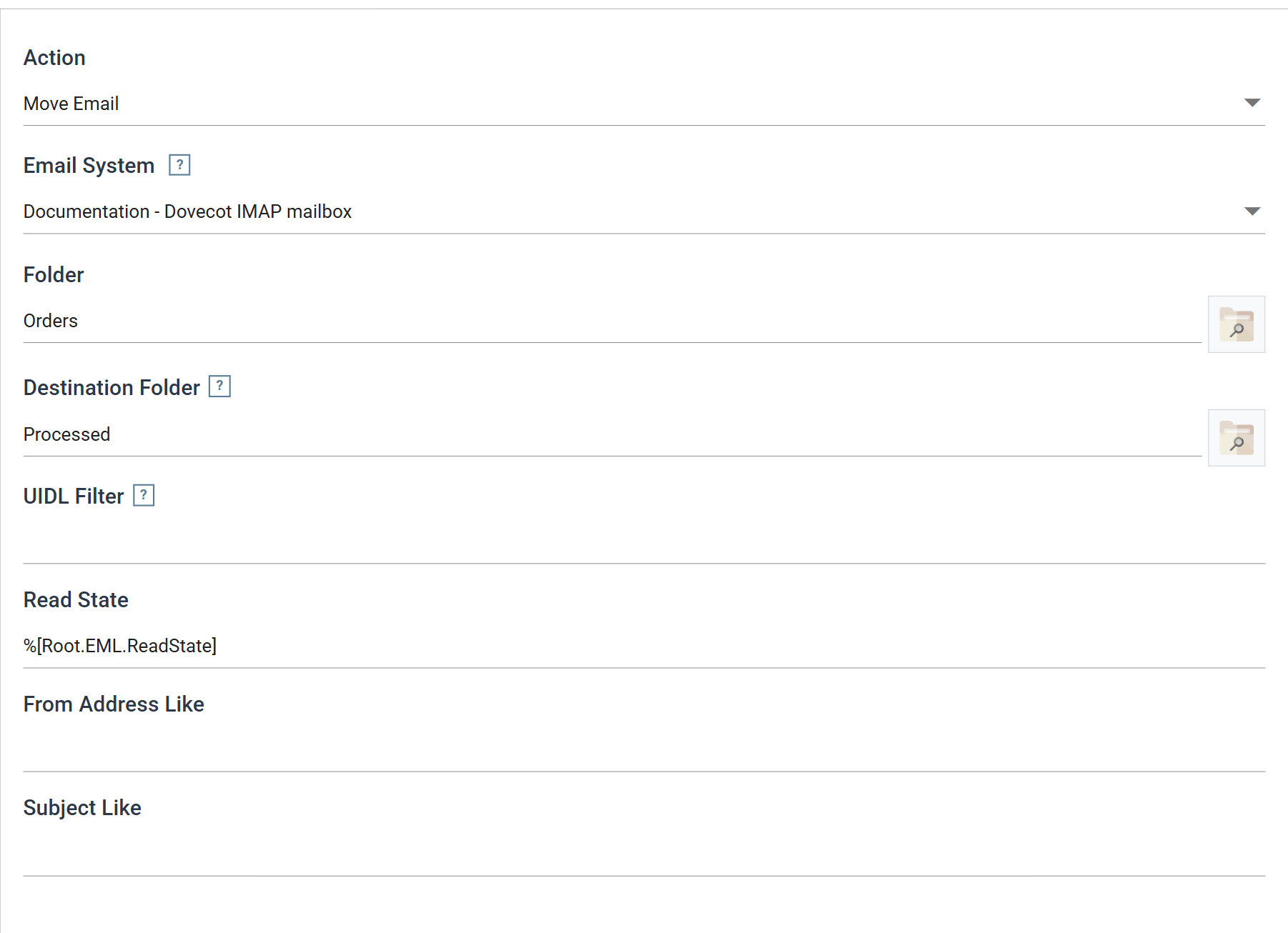 The Email Task tab with Action set to Move Email, Email System set to Documentation - Dovecot IMAP mailbox, Folder Orders, Destination Folder Processed, an empty UIDL Filter, Read State %[Root.EML.ReadState], and empty From Address Like and Subject Like boxes.