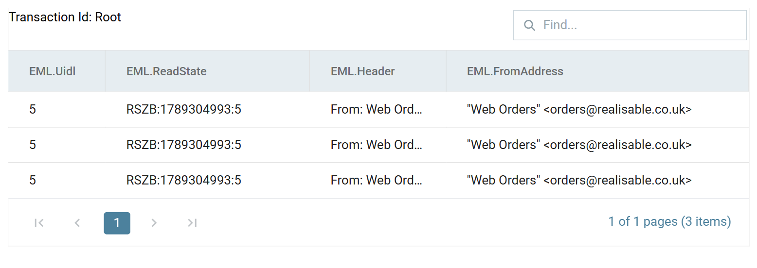 The preview grid scrolled to the EML columns. Three rows each read EML.Uidl 5, EML.ReadState RSZB:1789304993:5, EML.Header beginning From: Web Orders, and EML.FromAddress "Web Orders" <orders@realisable.co.uk>.
