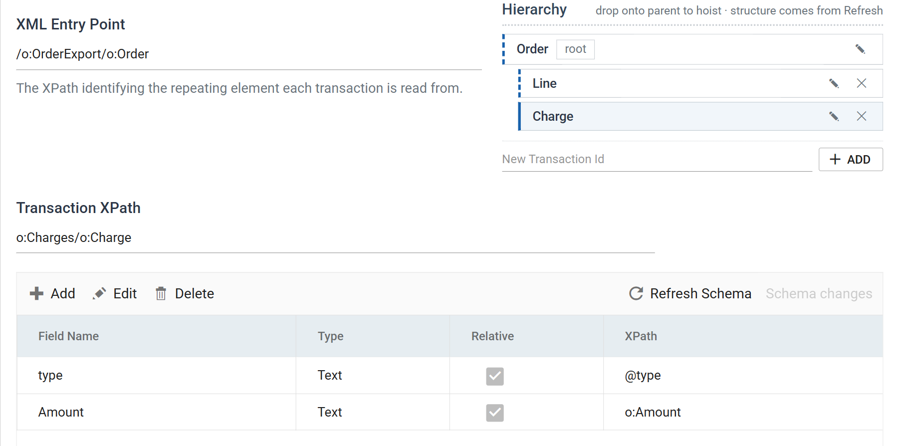 The Charge transaction selected. Transaction XPath holds o colon Charges slash o colon Charge, and the field grid lists type mapped to at-sign type and Amount to o colon Amount.