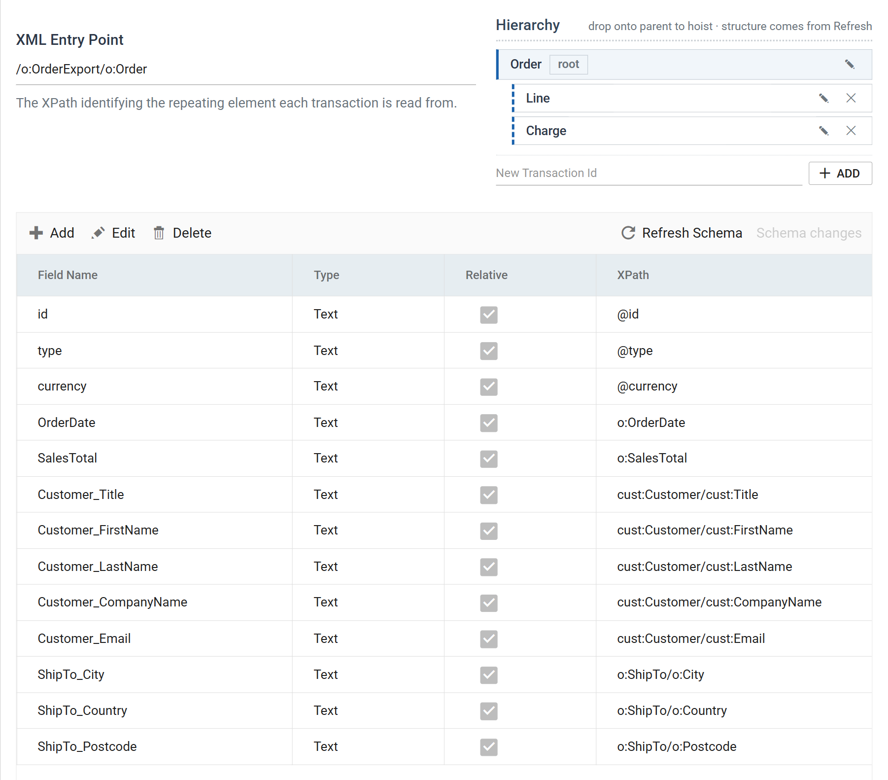 The Field Mapping tab after applying the detected schema. XML Entry Point holds slash o colon OrderExport slash o colon Order, and the hierarchy tree shows Order marked root with Line and Charge as its children.