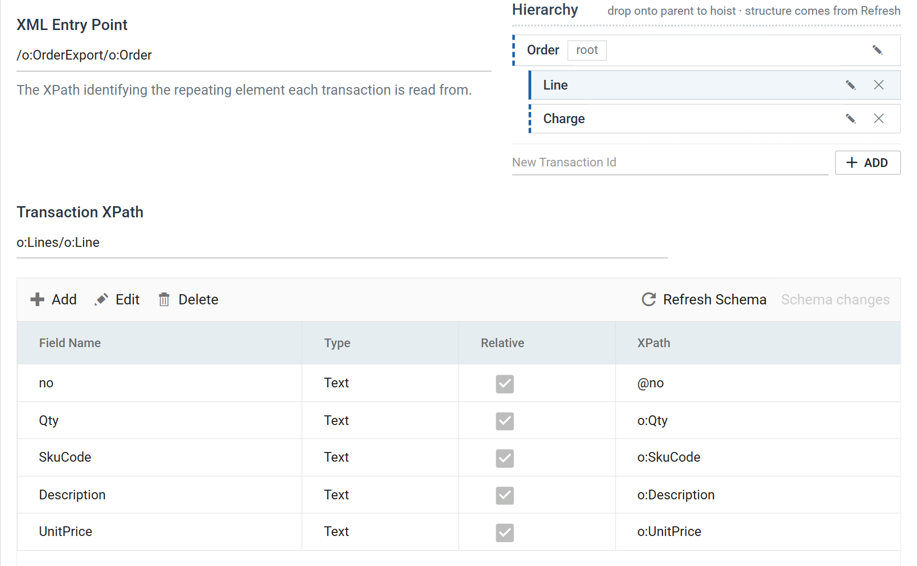 The Line transaction selected. Transaction XPath holds o colon Lines slash o colon Line, and the field grid below lists no mapped to at-sign no, Qty to o colon Qty, SkuCode to o colon SkuCode, Description to o colon Description and UnitPrice to o colon UnitPrice.