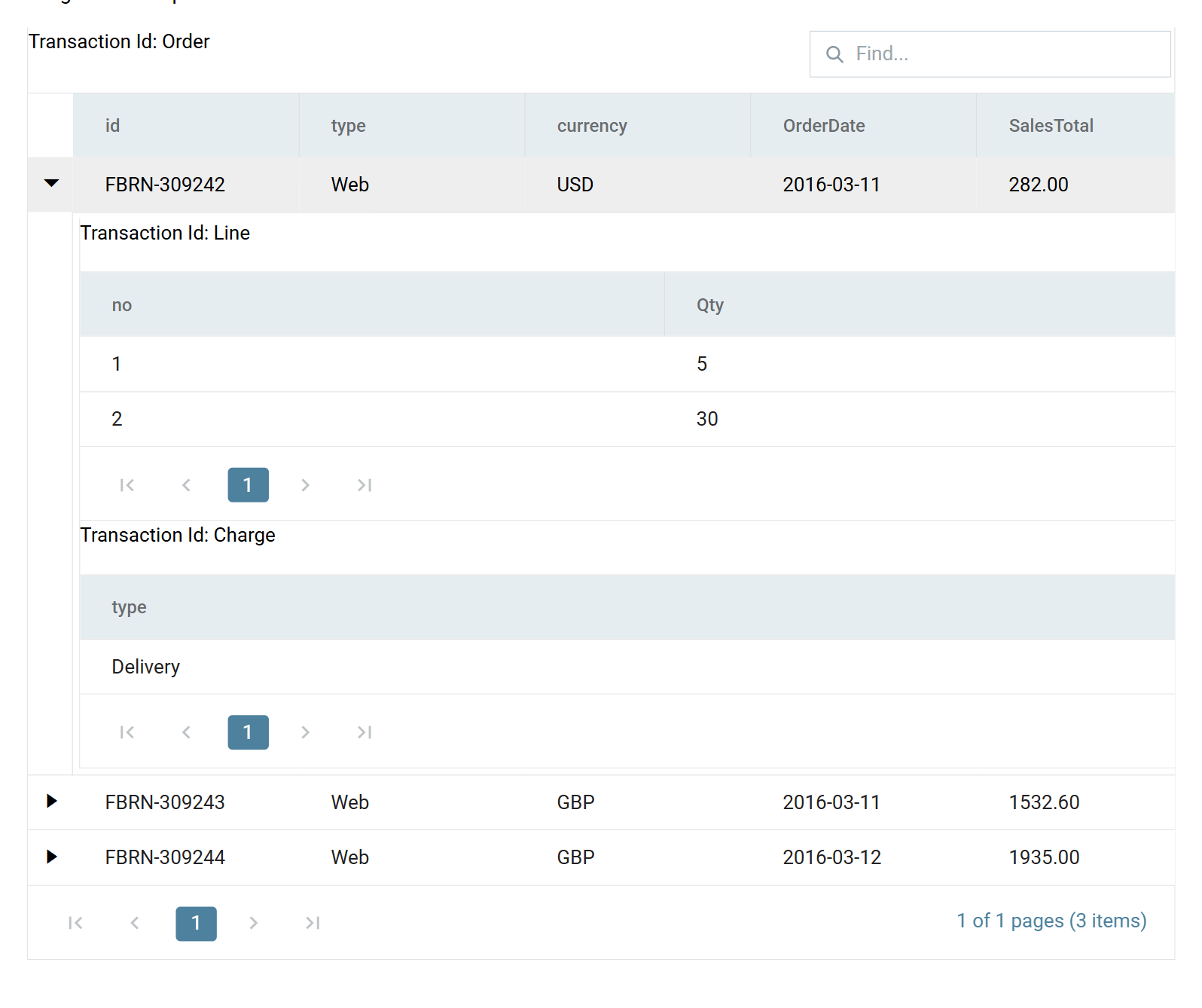 The preview grid showing three Order rows, with FBRN-309242 expanded to reveal its two Line children and one Charge child.
