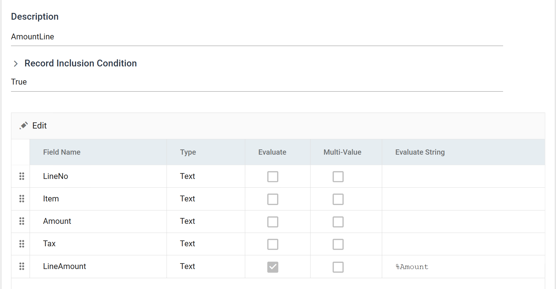 The AmountLine calc record. Description AmountLine, Record Inclusion Condition True, and a field grid in which LineAmount has Evaluate ticked and an Evaluate String of percent Amount.