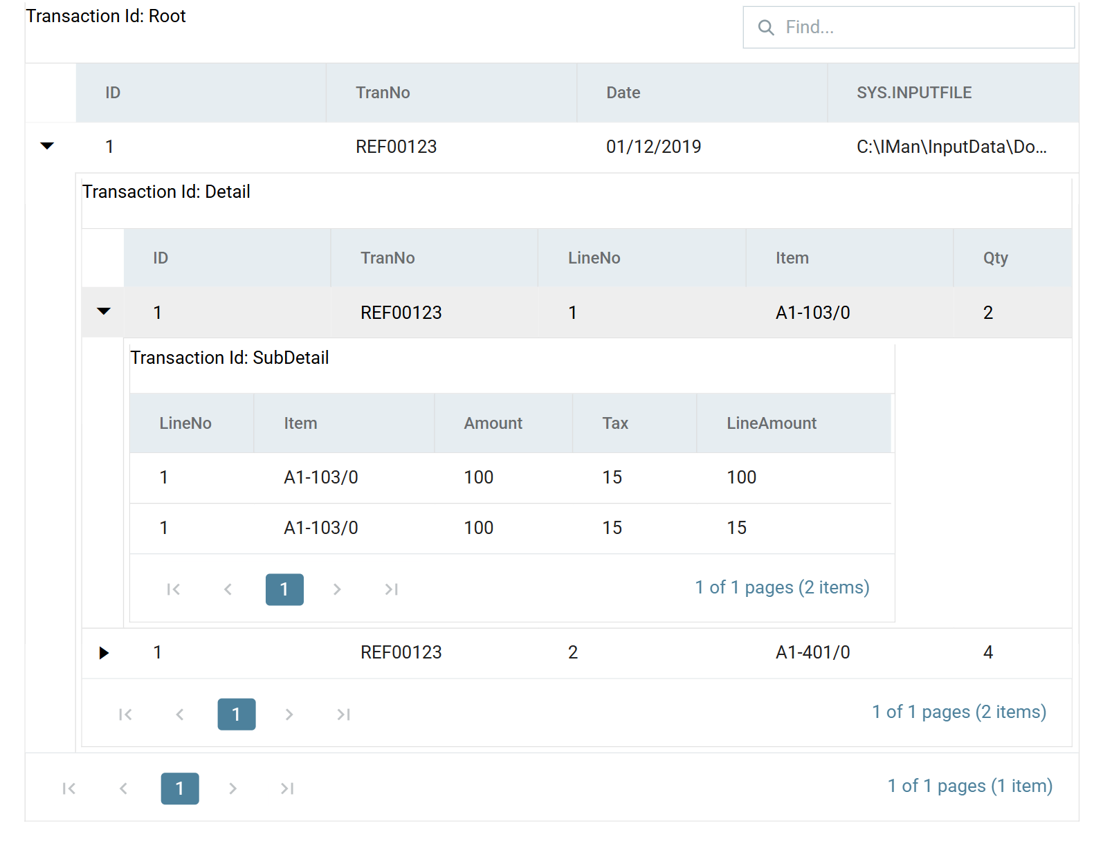 The preview expanded to SubDetail, showing two records for line 1: both with Amount 100 and Tax 15, but LineAmount 100 on the first and 15 on the second.