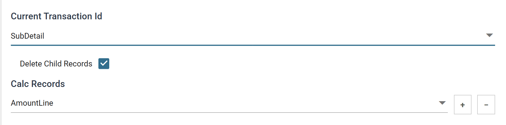 The top of the Aggregate Field Mapping tab. Current Transaction Id is SubDetail, Delete Child Records is ticked, and the Calc Records dropdown shows AmountLine.