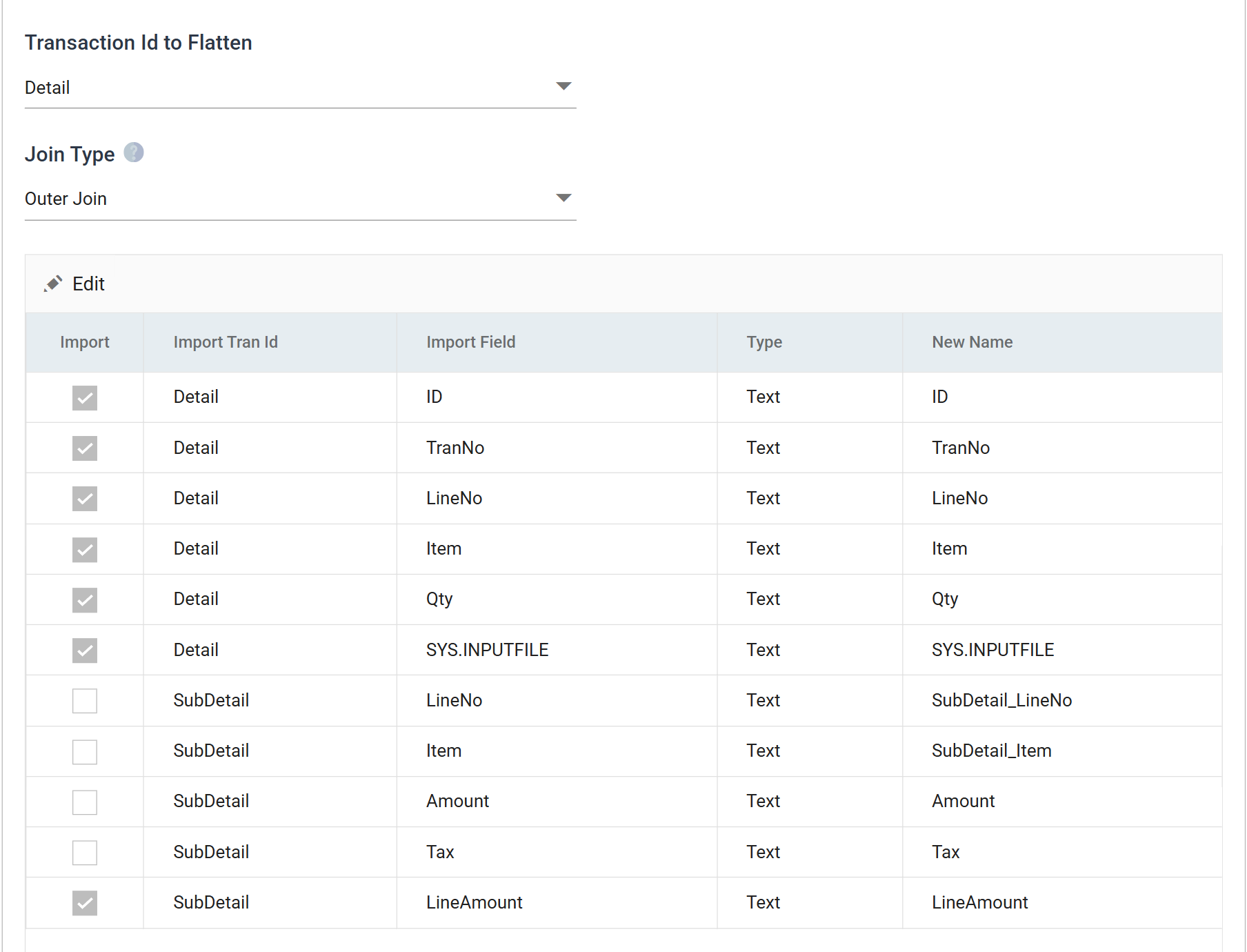 The Flatten field grid. Rows are grouped by Import Tran Id; under SubDetail only LineAmount is ticked.