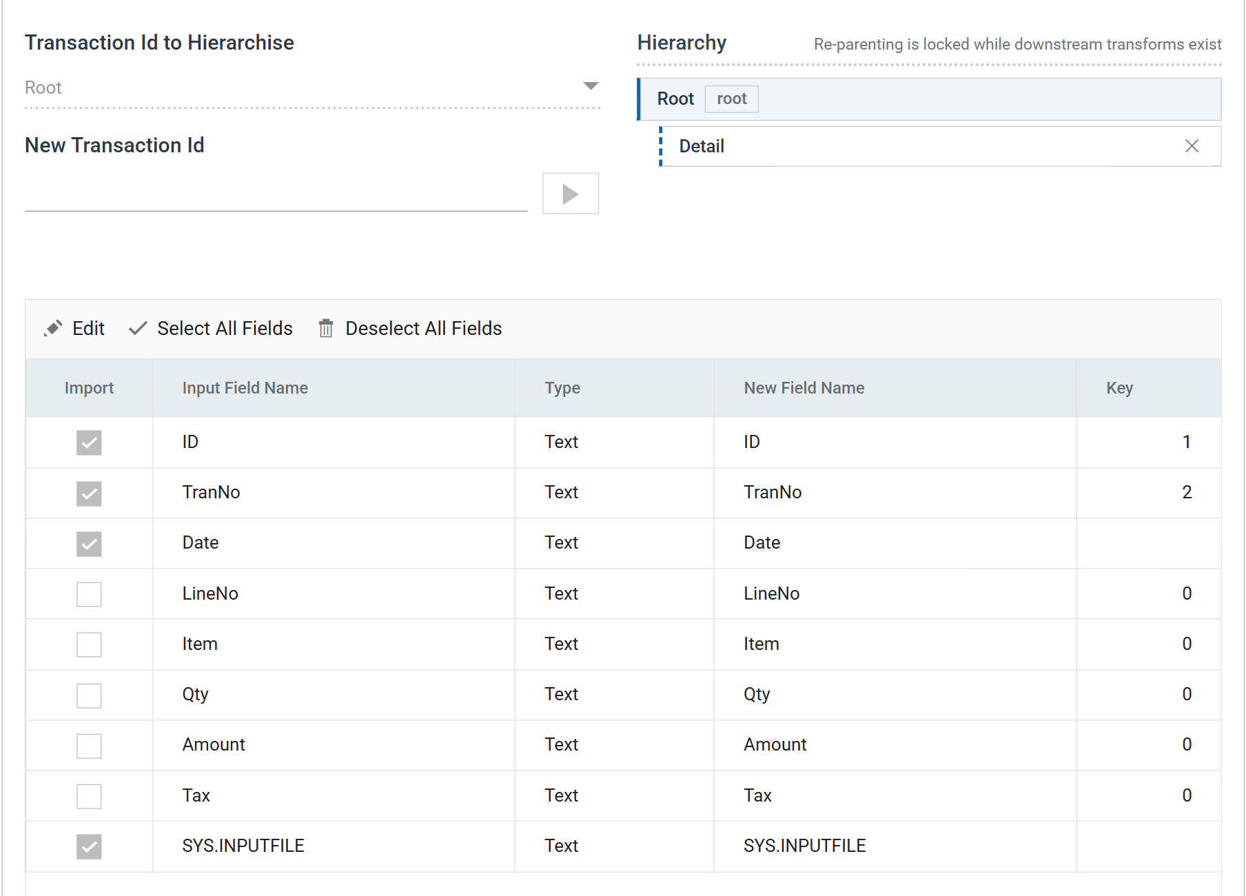The Hierarchy field grid on Root. ID and TranNo are ticked with keys 1 and 2, Date and SYS.INPUTFILE are ticked, and LineNo, Item, Qty, Amount and Tax are unticked.