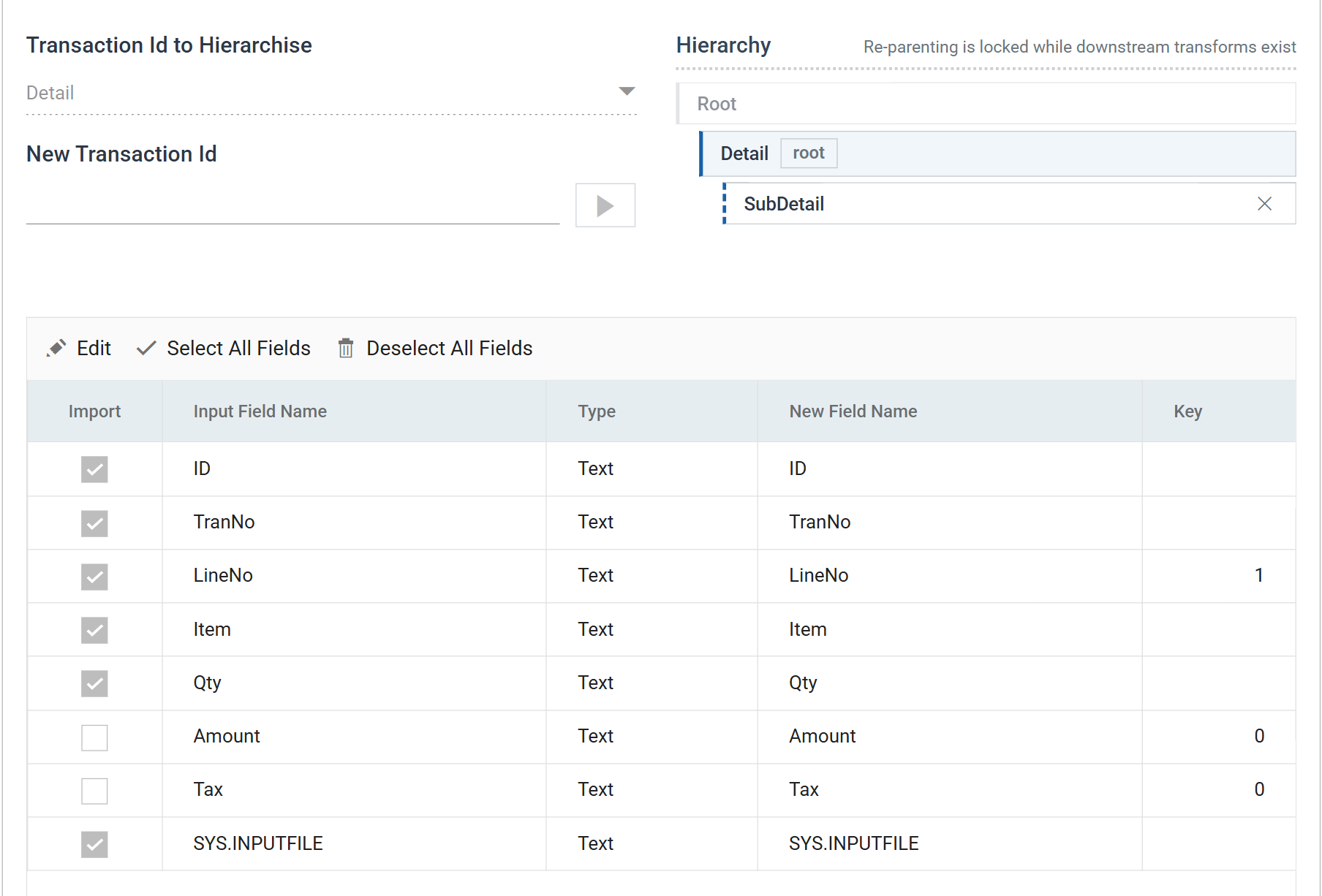 The field grid on Detail. LineNo carries key 1; Amount and Tax are unticked.