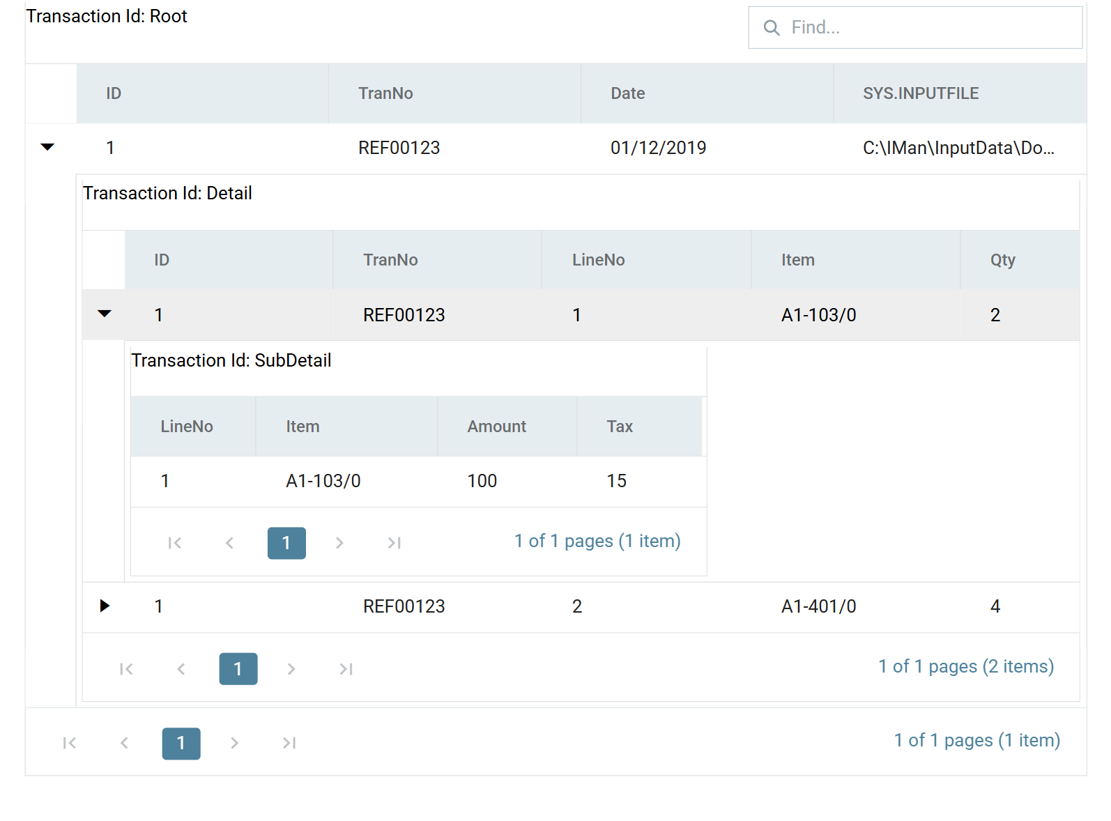 The preview grid expanded twice: Root, then Detail, then a SubDetail grid holding one record with LineNo 1, Item A1-103/0, Amount 100 and Tax 15.