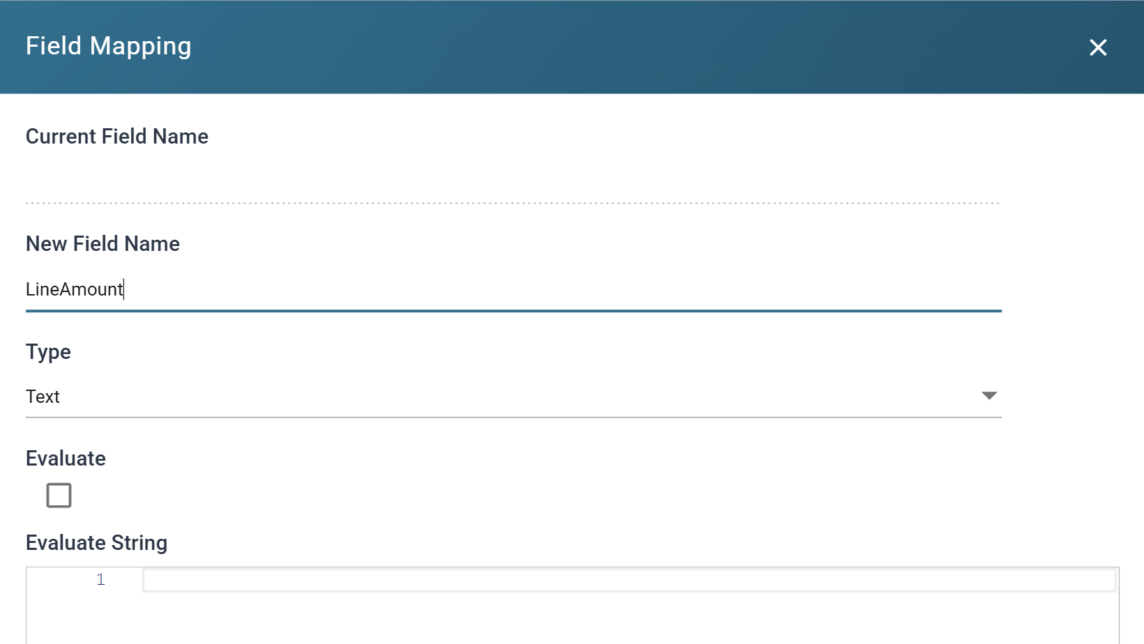 The Field Mapping dialog for LineAmount. New Field Name is LineAmount, Type is Text, Evaluate is unticked and Evaluate String is empty.