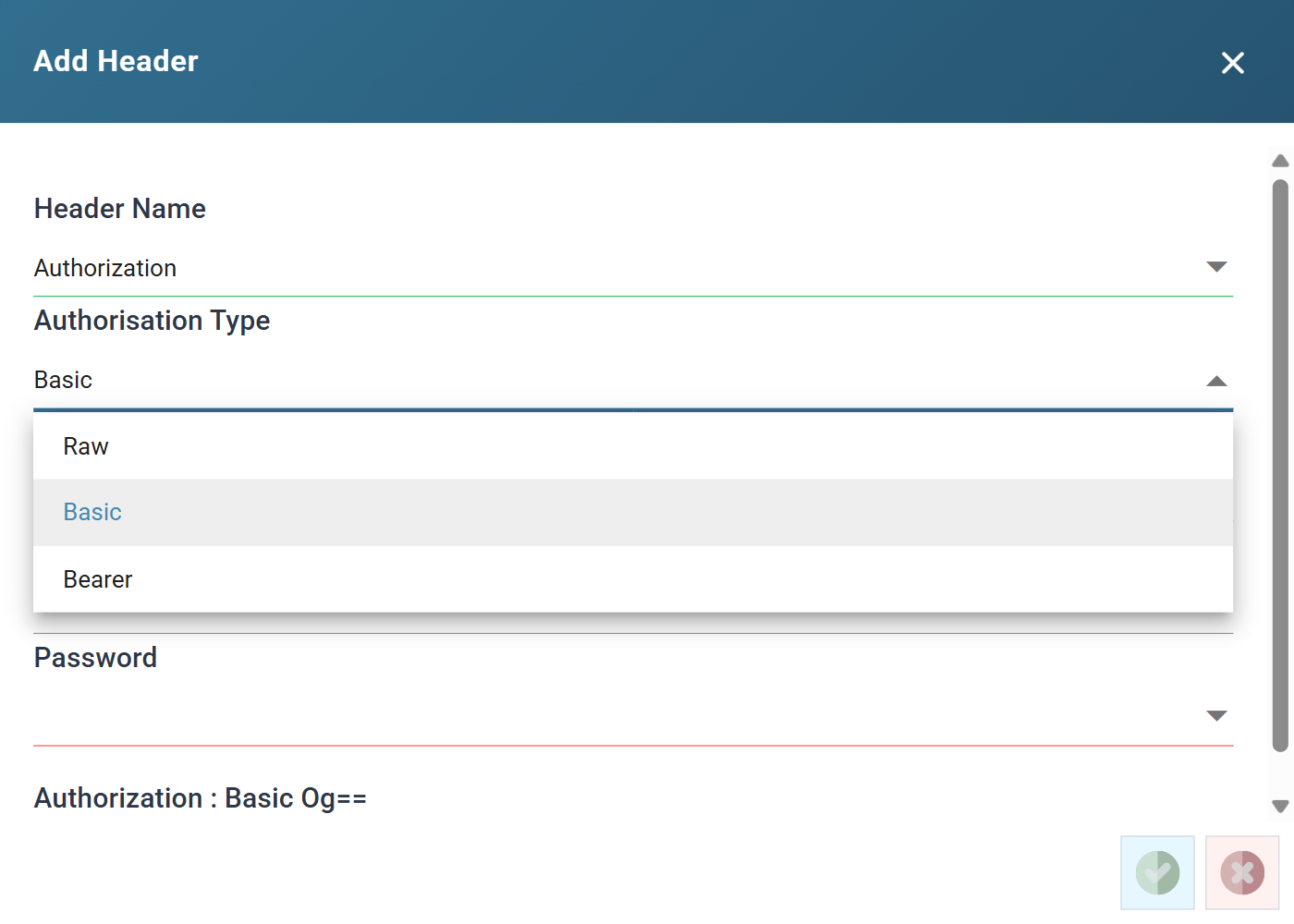 The Add Header dialog with Header Name set to Authorization and the Authorisation Type drop-down open, offering Raw, Basic and Bearer.