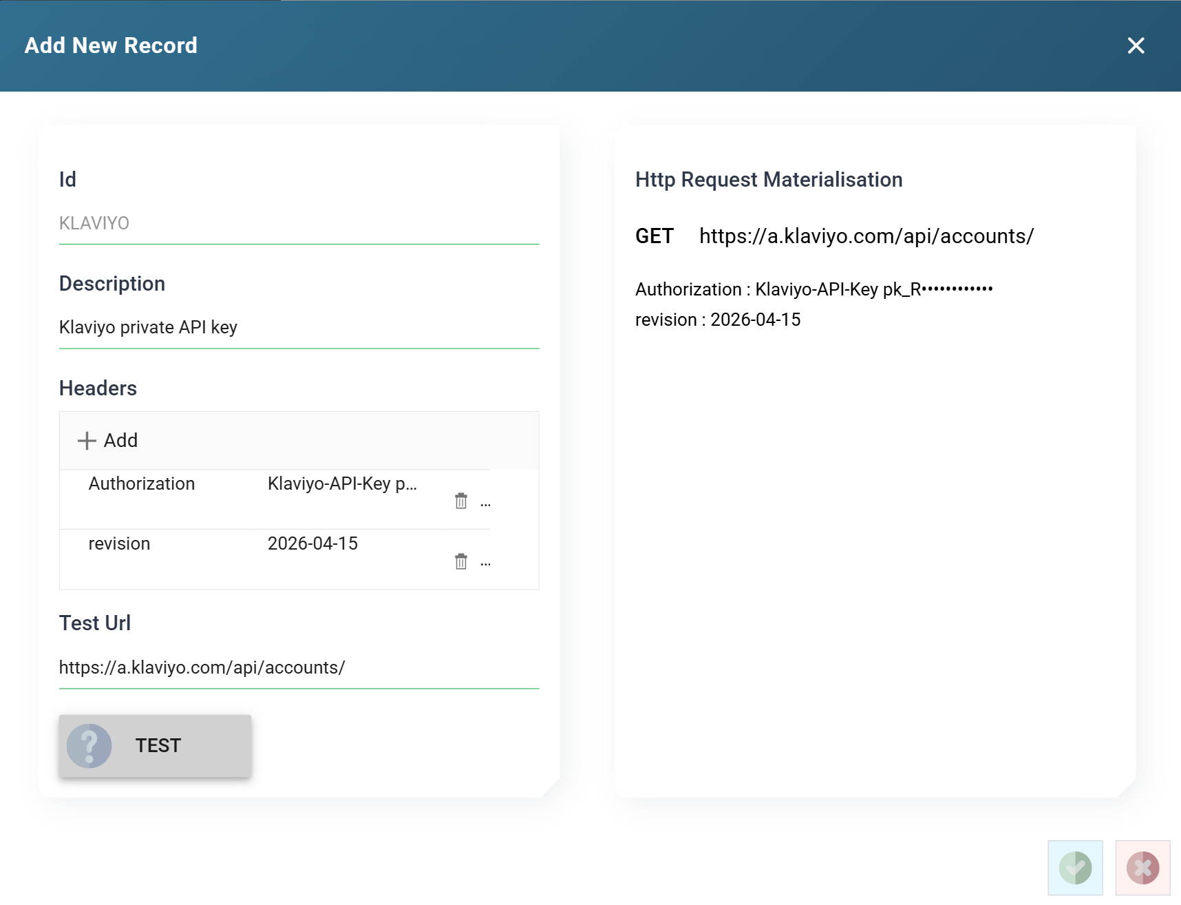The Klaviyo authentication carrying two headers: an Authorization header of type Raw holding the Klaviyo-API-Key prefix and the private key, and a plain revision header holding the API version date. Both appear in the materialisation pane on the right.