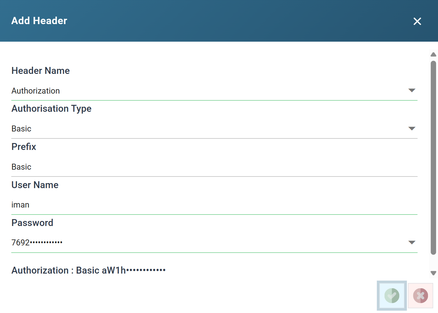 The Add Header dialog set up for Mailchimp: Header Name Authorization, Authorisation Type Basic, Prefix Basic, User Name iman, and the API key as the Password. The assembled header is shown beneath, base64 encoded.