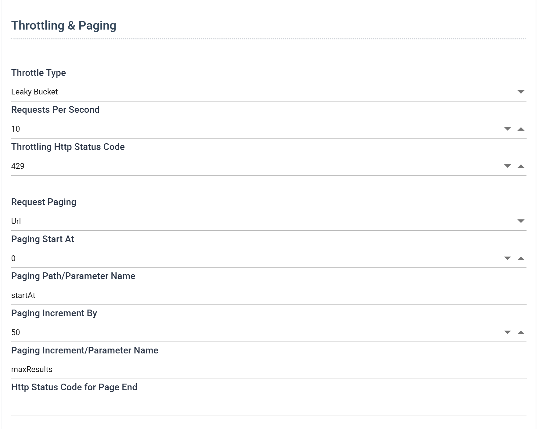 The Throttling and Paging section of the JIRA behaviour: Throttle Type Leaky Bucket with Requests Per Second 10 and Throttling Http Status Code 429, then Request Paging Url with Paging Start At 0, Paging Path slash Parameter Name startAt, Paging Increment By 50, and Paging Increment slash Parameter Name maxResults.