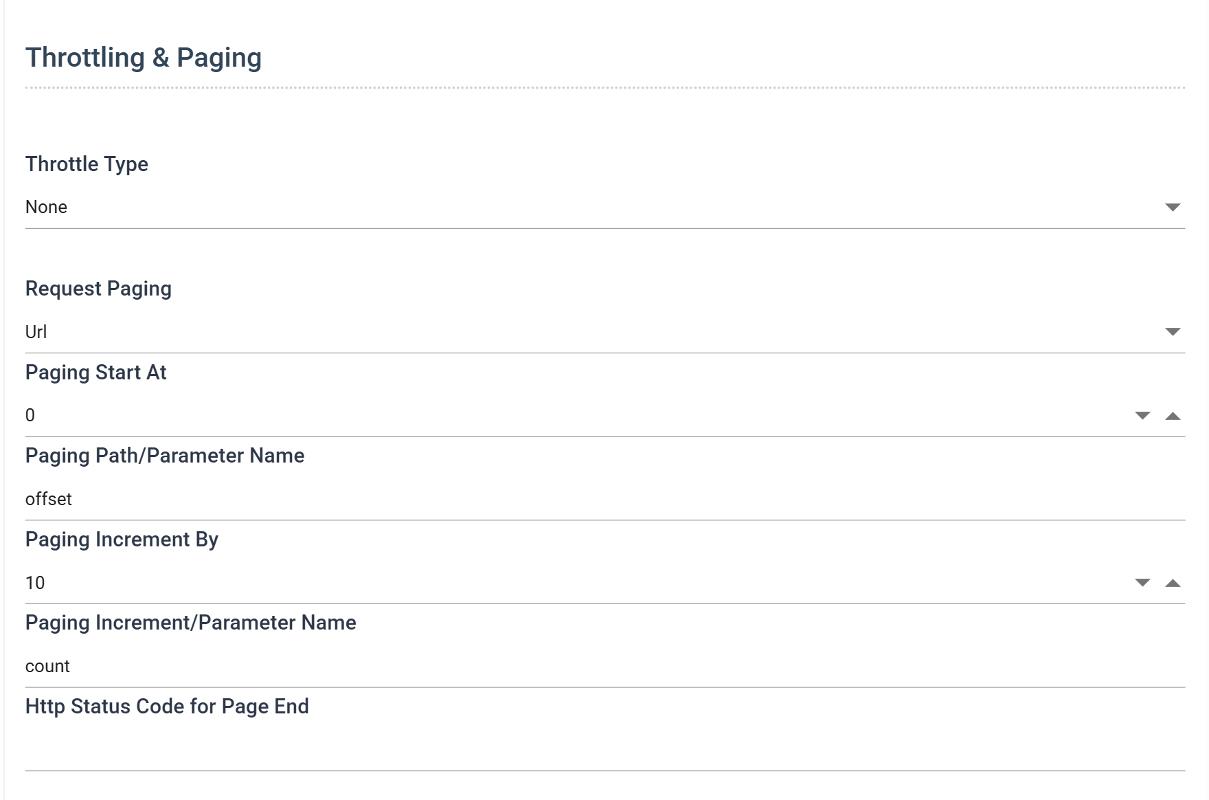 The Throttling and Paging section of the Mailchimp behaviour: Throttle Type None, then Request Paging Url with Paging Start At 0, Paging Path slash Parameter Name offset, Paging Increment By 10, and Paging Increment slash Parameter Name count.