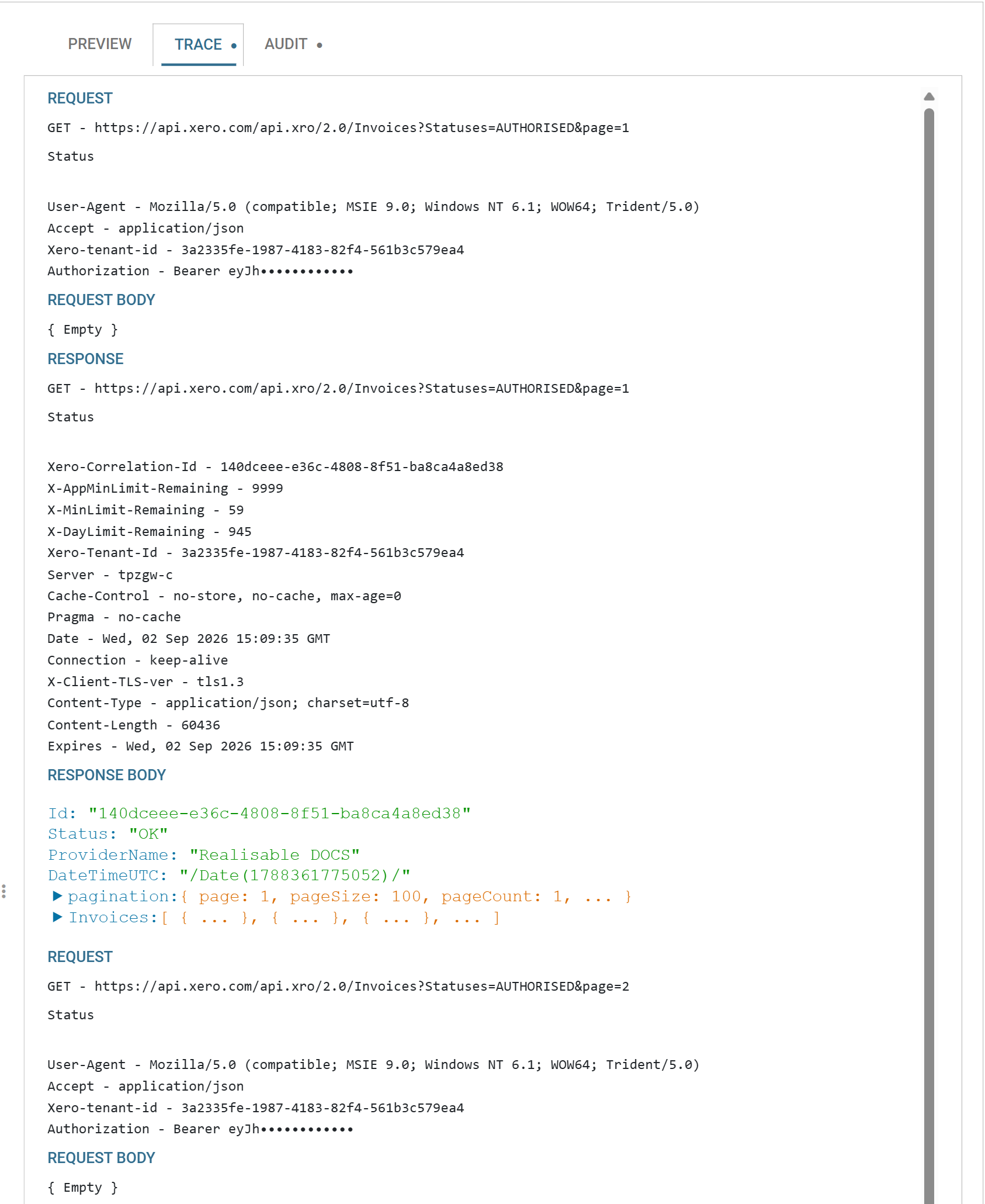 The Trace tab of the preview pane after a Xero read. It shows a REQUEST line for a GET to the Xero Invoices endpoint with the page parameter appended, its Accept, Xero-tenant-id and redacted Authorization headers, the RESPONSE with Xero's rate limit headers X-AppMinLimit-Remaining, X-MinLimit-Remaining and X-DayLimit-Remaining, and beneath it a second REQUEST for page two.