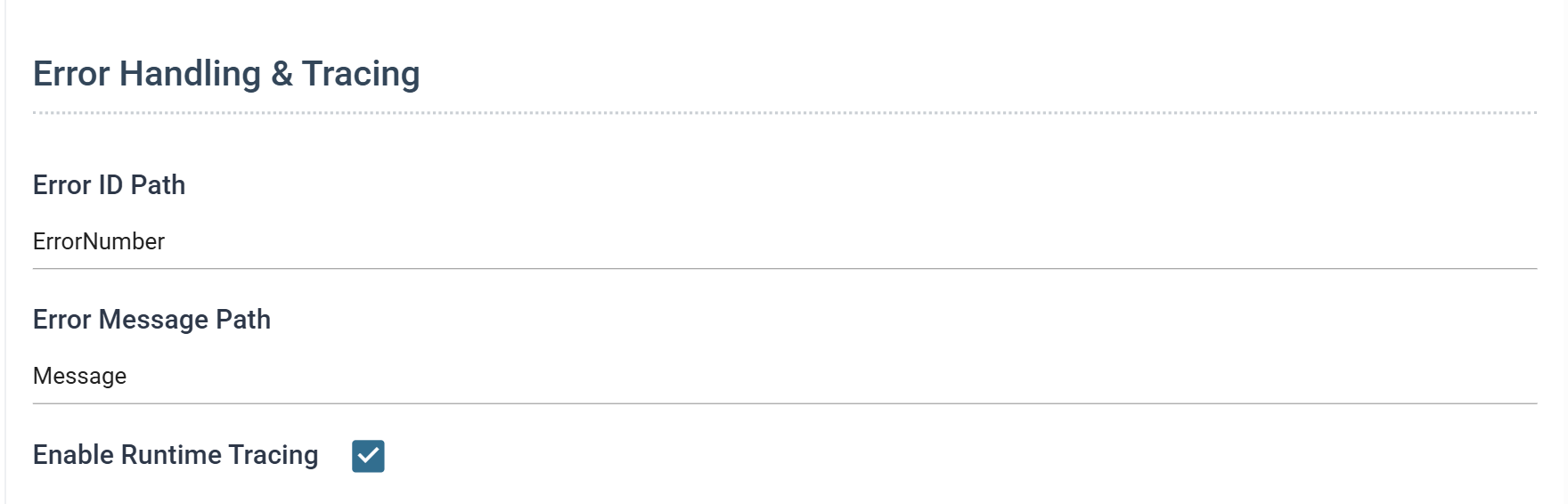 The Error Handling and Tracing section of the Xero behaviour, with Error ID Path set to ErrorNumber, Error Message Path set to Message, and the Enable Runtime Tracing checkbox ticked.