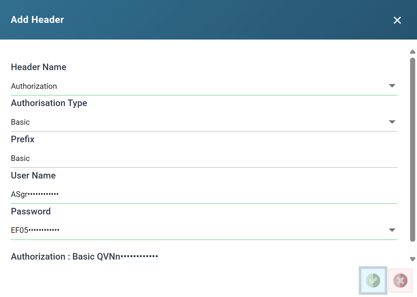 The Add Header dialog on the Token Request Headers list, with Header Name Authorization, Authorisation Type Basic, Prefix Basic, the PayPal client id as the User Name and the client secret as the Password.