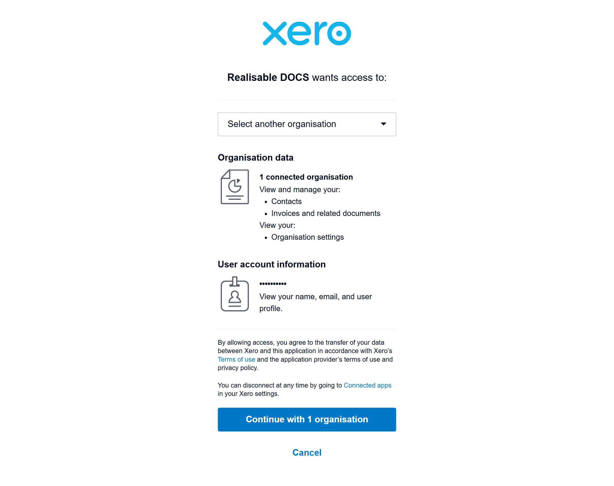 Xero's consent screen, headed Realisable DOCS wants access to, with an organisation selector, an Organisation data section listing view and manage Contacts and Invoices and view Organisation settings, a User account information section, and a Continue with 1 organisation button.
