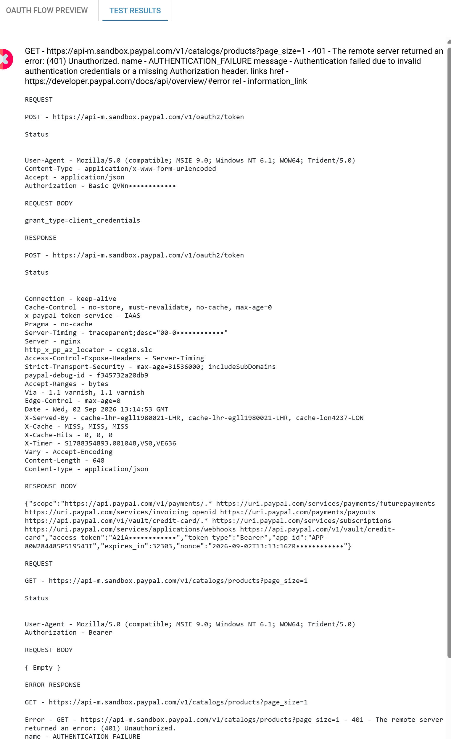 A failed Test: the Test Results tab showing the token request returning an access token, followed by the authenticated API request whose Authorization header reads Bearer with no token, and PayPal's 401 AUTHENTICATION_FAILURE response.