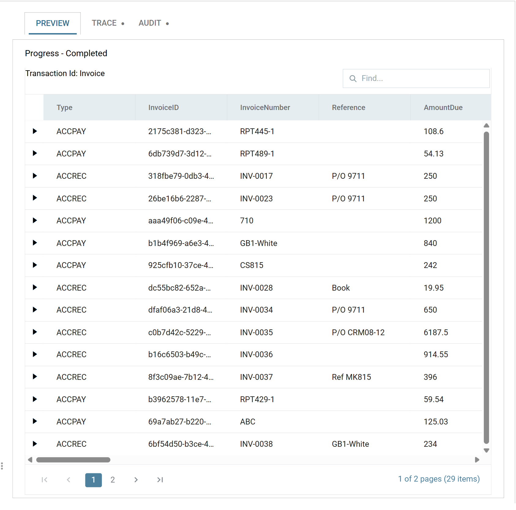 The preview pane after a successful run, showing authorised invoices from the Xero Demo Company with their type, invoice id, invoice number, reference, amounts, contact name, dates, status and currency.