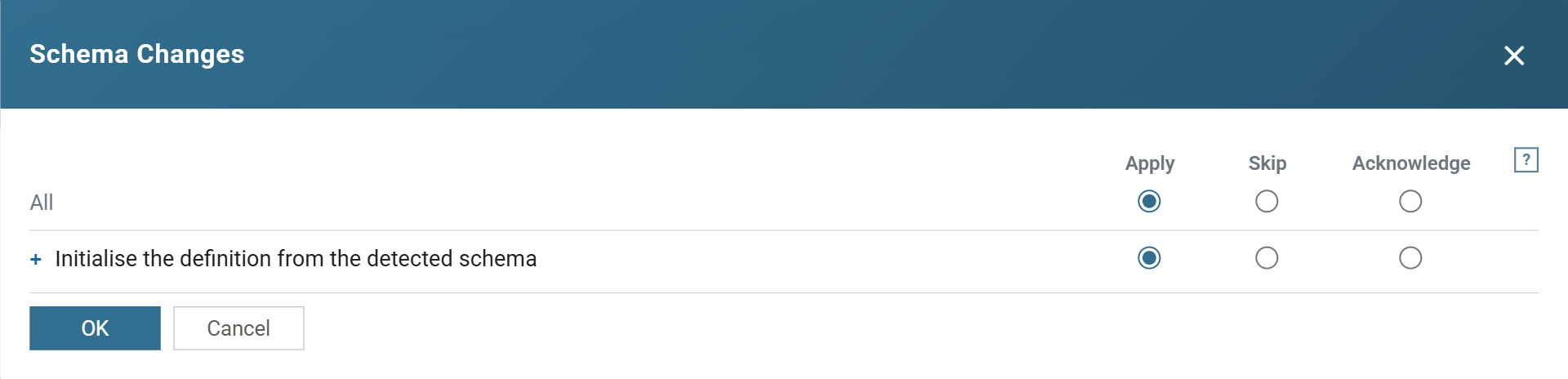 The Schema Changes dialog listing the single change Initialise the definition from the detected schema, with Apply, Skip and Acknowledge radio columns above an All row, the change on Apply, and OK and Cancel at the foot.