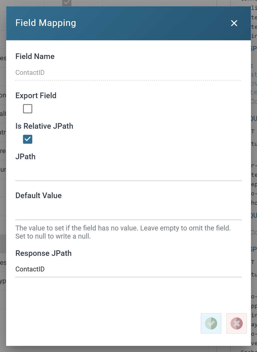 The JSON Writer field dialog for ContactID. Field Name is ContactID, Export Field is unticked, Is Relative JPath is ticked, JPath is empty, Default Value is empty, and Response JPath holds ContactID.