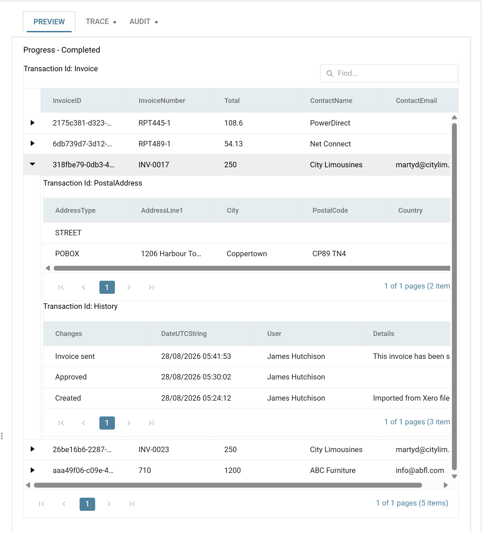 The preview pane showing five invoices with their ids, numbers, totals, contact names and email addresses, with one row expanded to reveal its PostalAddress records and its History records.