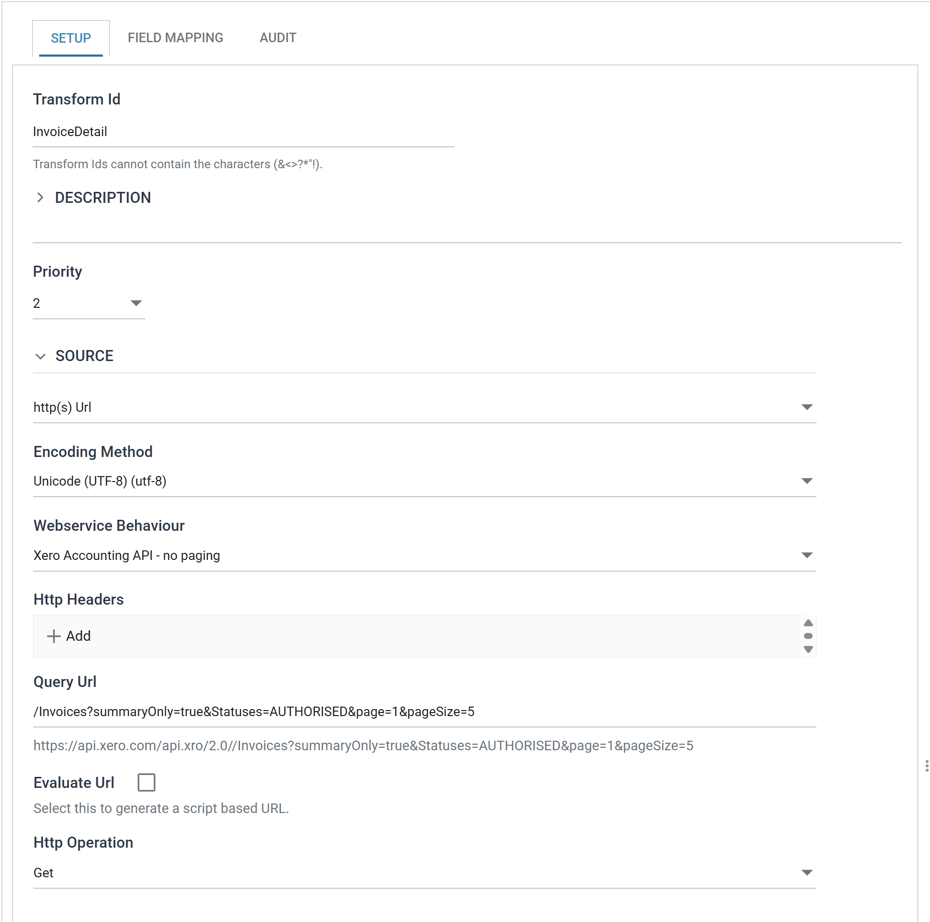 The JSON Reader Setup tab for the stepped reader. Transform Id is InvoiceDetail, Source is http(s) Url, Webservice Behaviour is Xero Accounting API — no paging, and Query Url holds the summaryOnly seed request with page and pageSize parameters.