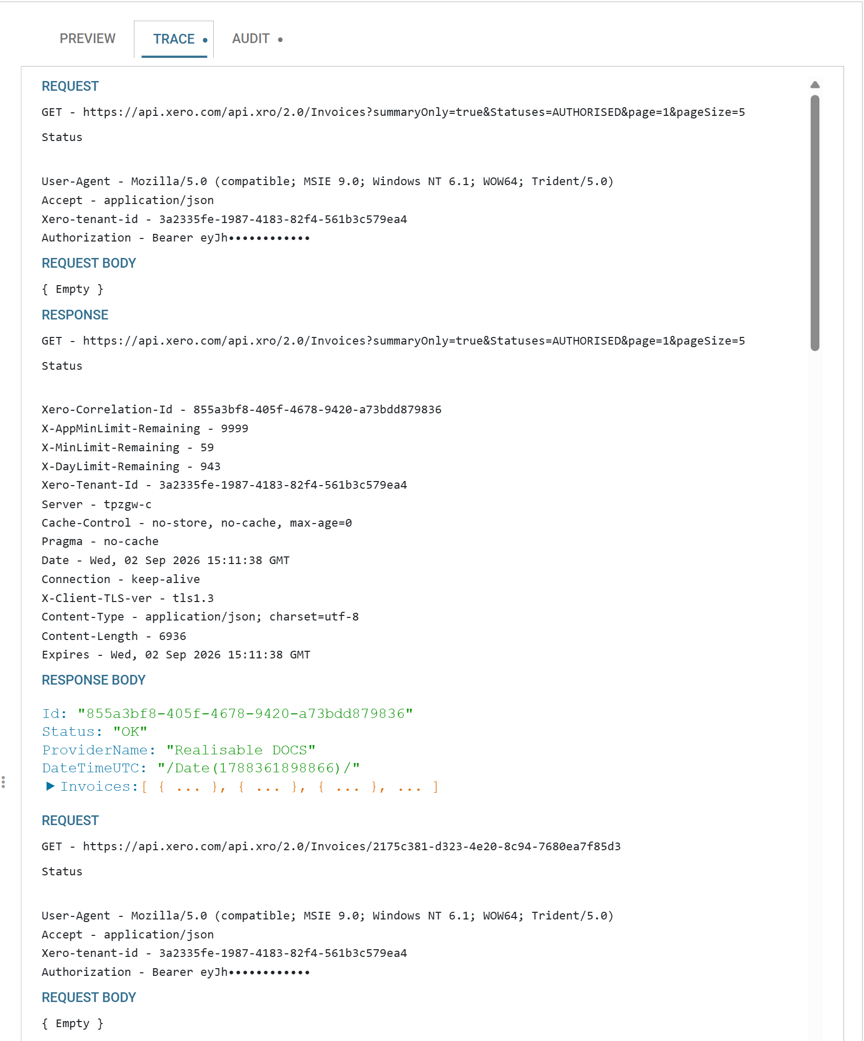 The Trace tab showing the start of the run: the seed request to Invoices with summaryOnly, Statuses, page and pageSize, carrying the Accept, Xero-tenant-id and redacted Authorization headers; its response with Xero's rate limit counters and a pagination object; and beneath it the first stepped request, to Invoices followed by an invoice id, carrying the same three headers.