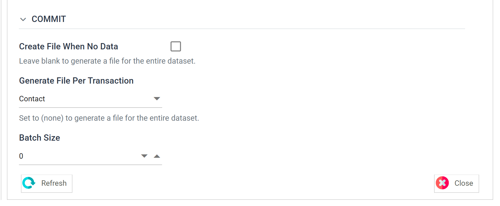 The JSON Writer Setup tab, Commit section. Create File When No Data is unticked, Generate File Per Transaction is set to Contact, and Batch Size is 0.