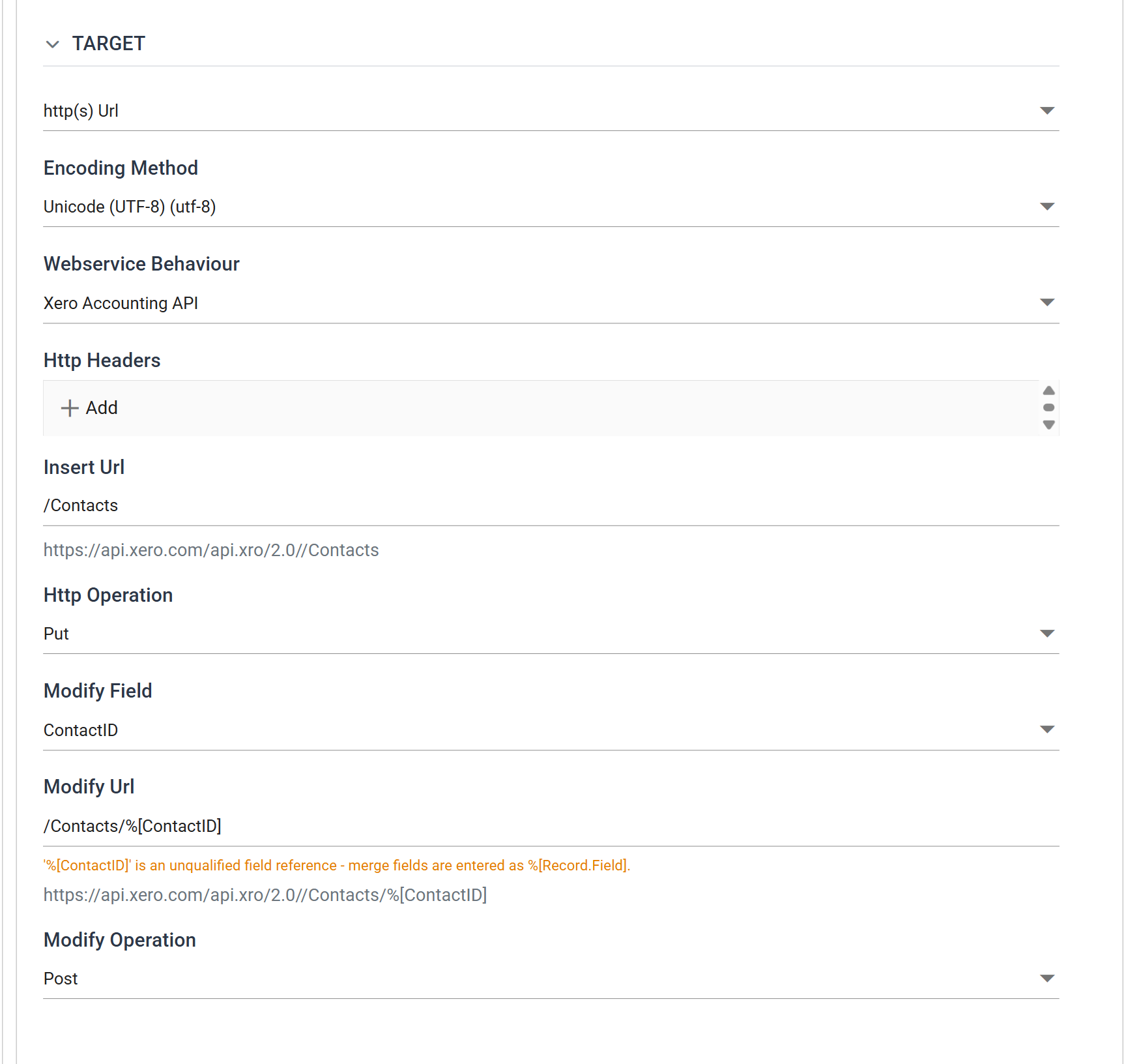 The JSON Writer Setup tab, Target section. The target drop-down is http(s) Url, Encoding Method Unicode UTF-8, Webservice Behaviour Xero Accounting API, Http Headers empty, Insert Url Contacts with a grey hint below reading https colon slash slash api.xero.com slash api.xro slash 2.0 slash Contacts, Http Operation Put, Modify Field ContactID, Modify Url Contacts slash percent bracket Contact.ContactID bracket with its own resolved hint, and Modify Operation Post.