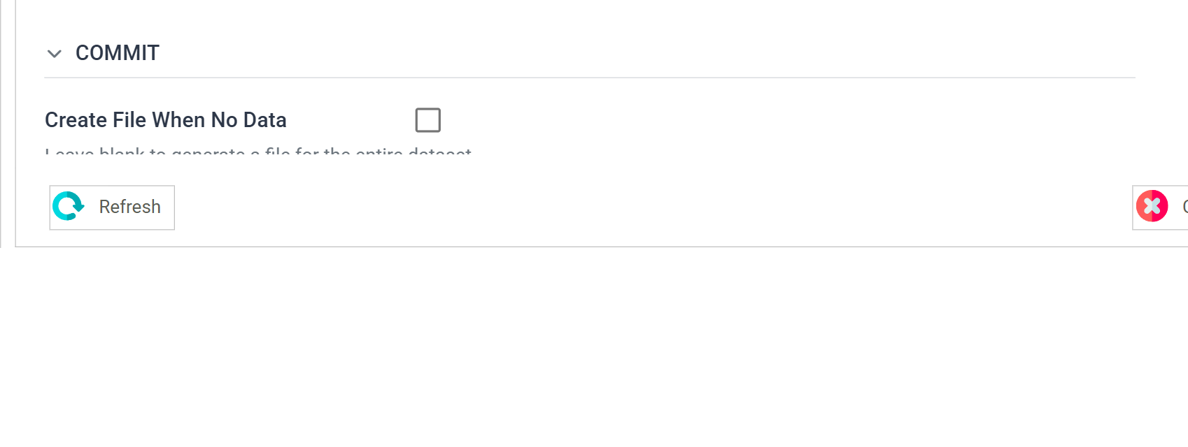 The JSON Writer Setup tab, Commit section. Create File When No Data is unticked, Generate File Per Transaction is set to none, and Batch Size is 0.