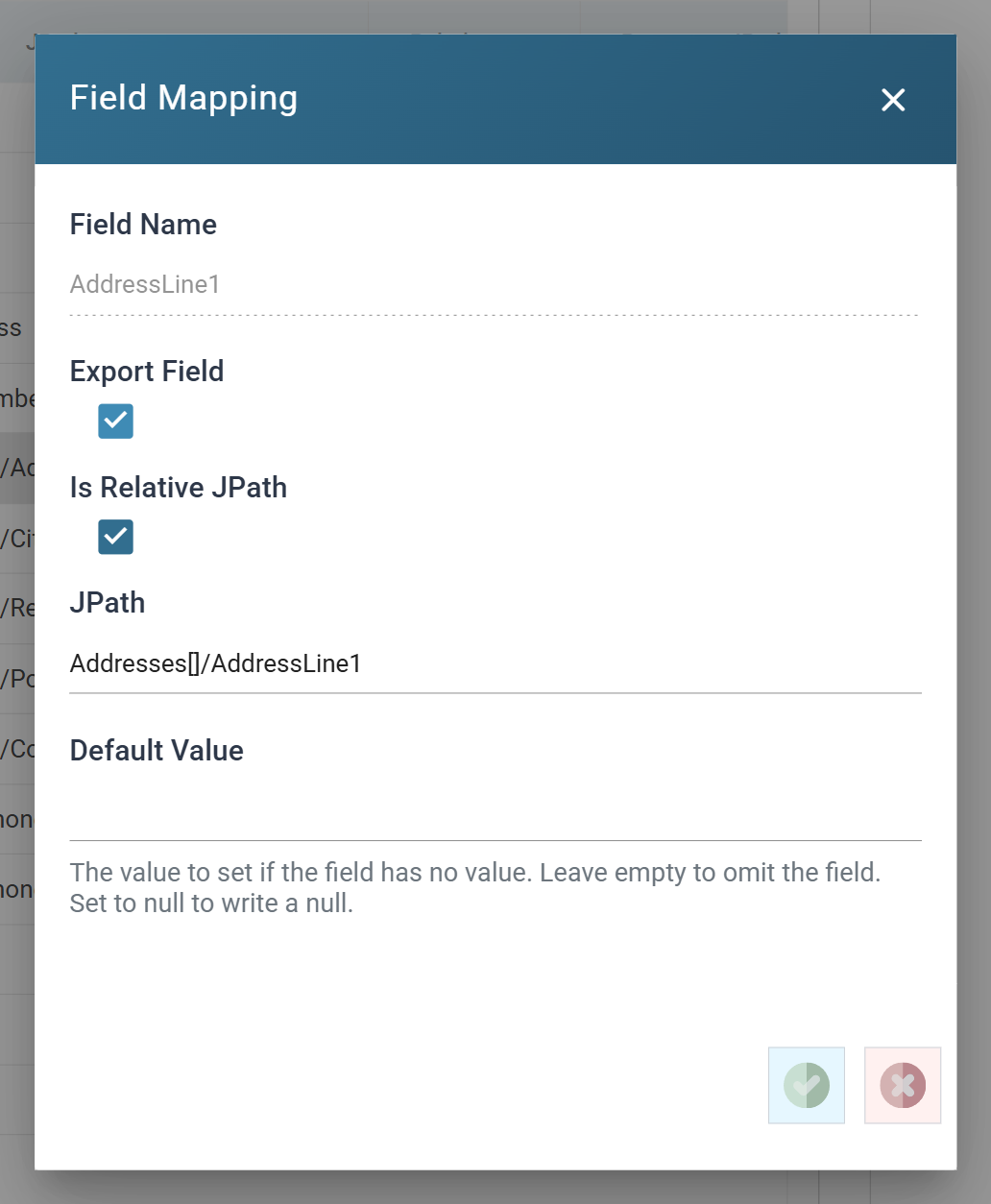 The JSON Writer's Field Mapping dialog for AddressLine1. Field Name is AddressLine1, Export Field and Is Relative JPath are ticked, JPath is Addresses square brackets slash AddressLine1, and Default Value is empty with its help text below.
