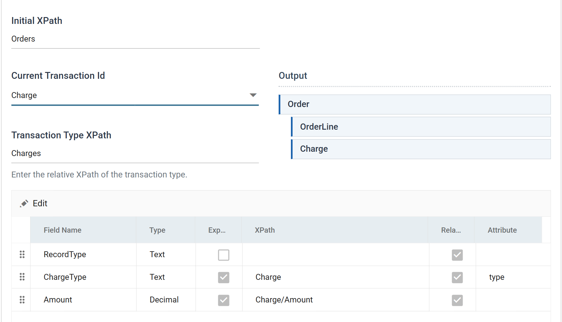 The Xml Writer Field Mapping tab with Charge selected. Transaction Type XPath is Charges, ChargeType maps to XPath Charge with Attribute type, and Amount to Charge slash Amount.