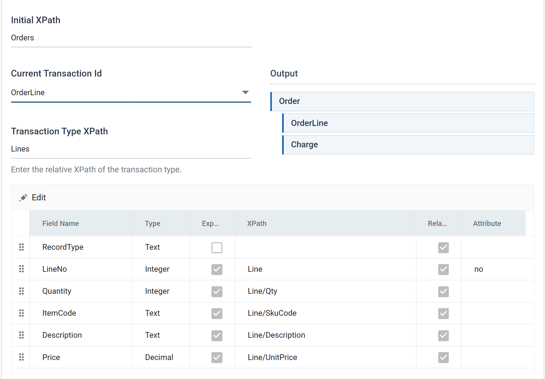 The Xml Writer Field Mapping tab with OrderLine selected. Transaction Type XPath is Lines, and the field grid maps LineNo to XPath Line with Attribute no, Quantity to Line slash Qty, ItemCode to Line slash SkuCode, Description to Line slash Description and Price to Line slash UnitPrice.