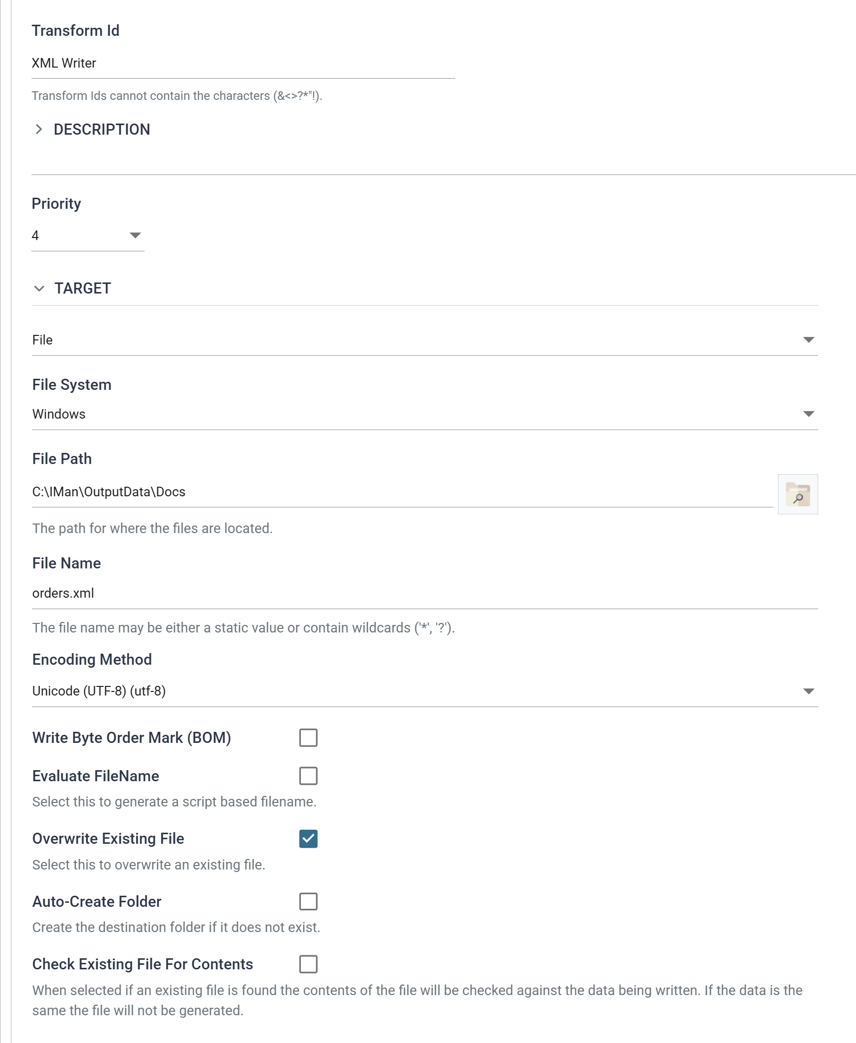 The Xml Writer Setup tab, Target section. Target is File, File System Windows, File Path C colon backslash IMan backslash OutputData backslash Docs, File Name orders.xml, Encoding Method Unicode UTF-8, with Overwrite Existing File ticked.