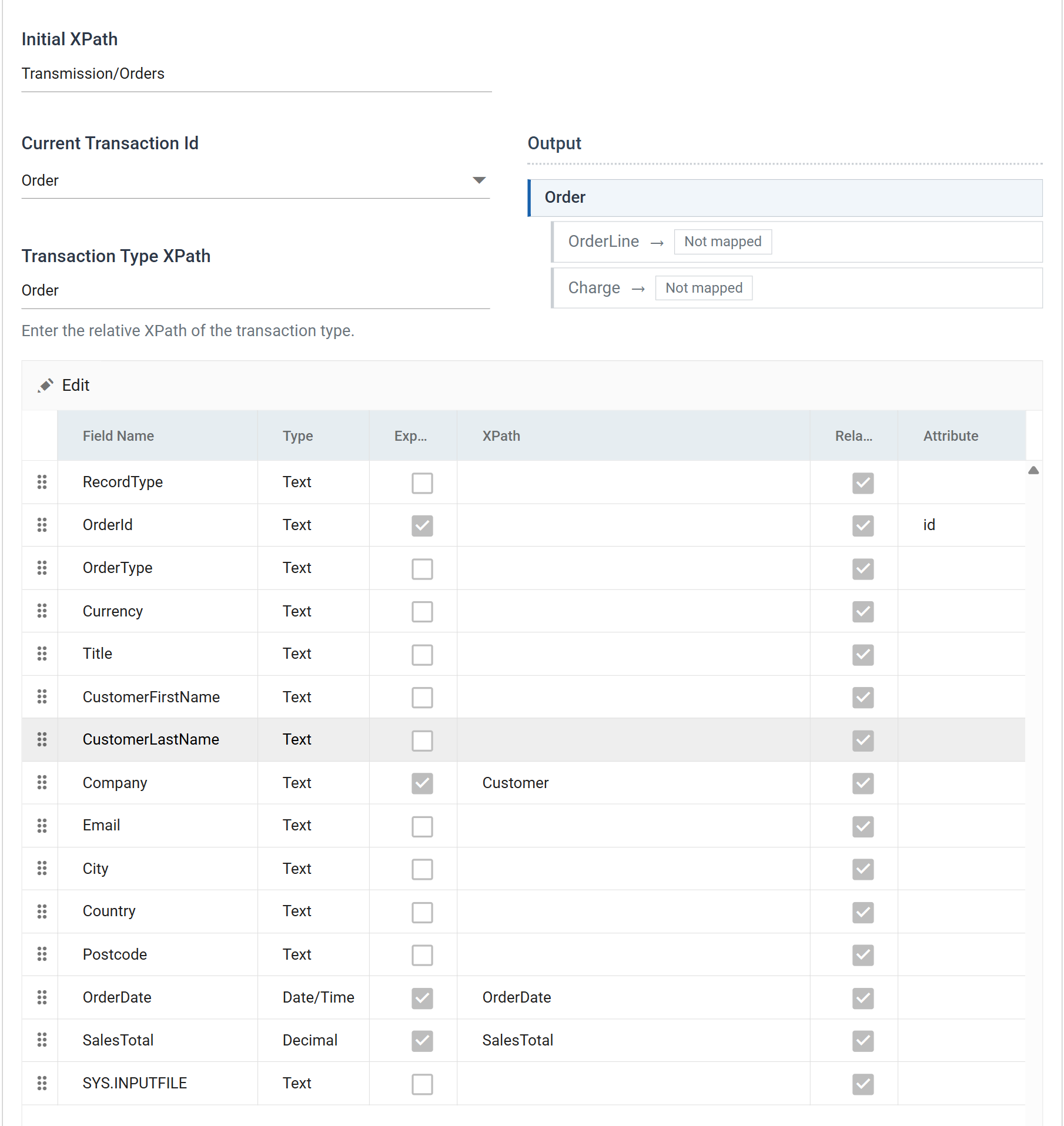 The Xml Writer Field Mapping tab for the template writer. Initial XPath is Transmission slash Orders, Transaction Type XPath is Order, and four fields are exported: OrderId as attribute id, Company to Customer, OrderDate to OrderDate and SalesTotal to SalesTotal.
