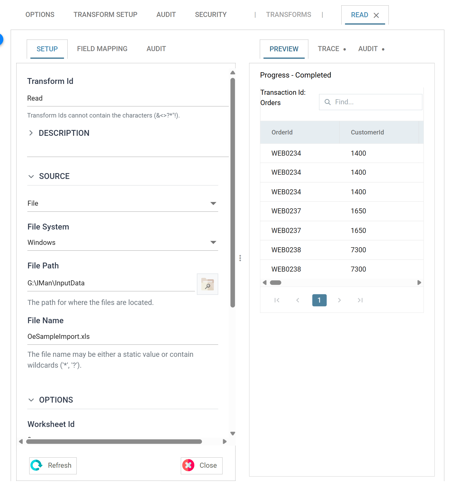 An Excel reader's setup screen: the Setup tab on the left showing Transform Id, Source with the file system, path and file name, and Options with worksheet and header rows; the Preview tab on the right listing seven order rows read from the file; Refresh and Close at the foot of the settings pane