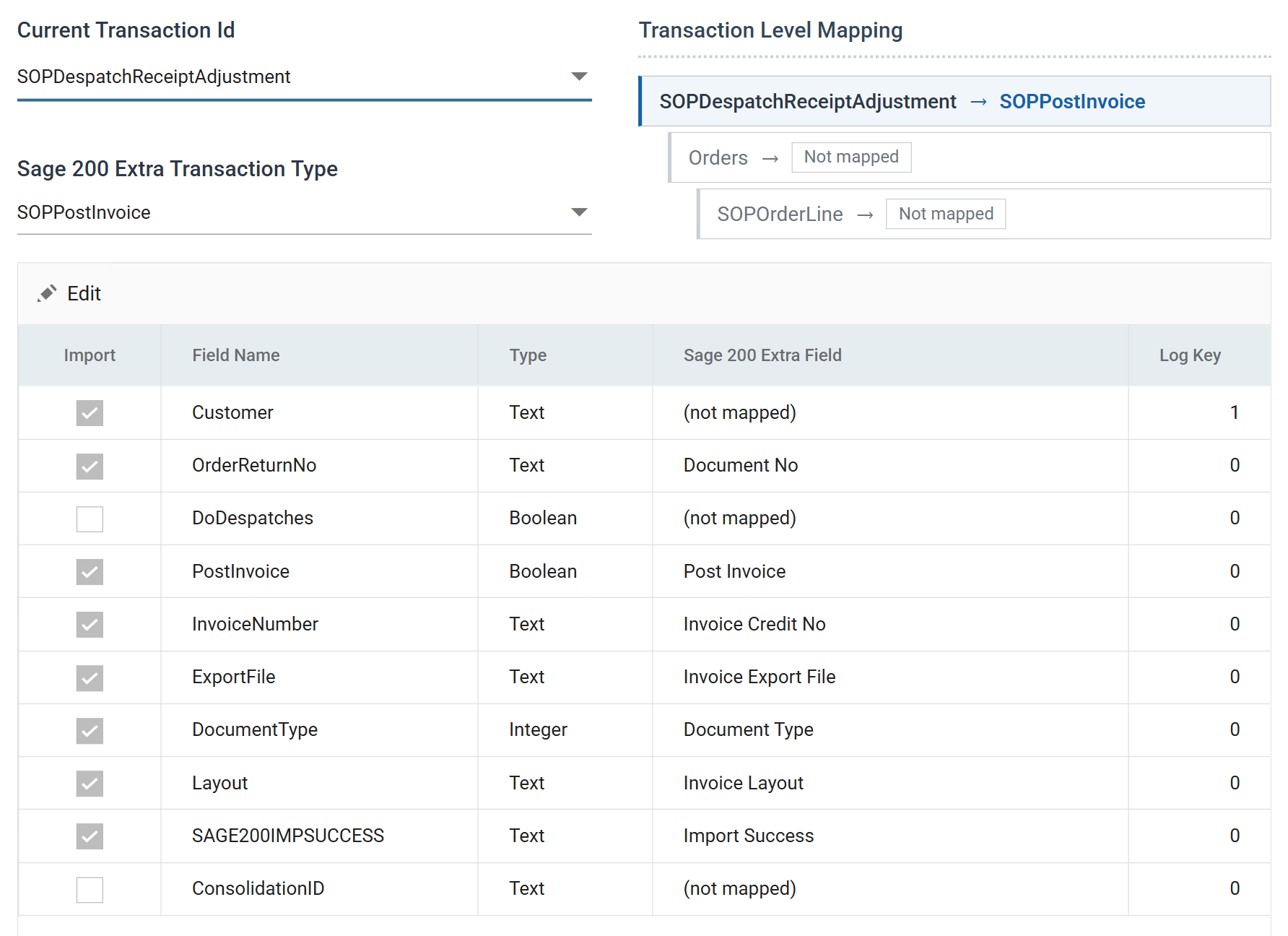 The connector's Field Mapping tab: the field grid pairing OrderReturnNo with Document No, PostInvoice with Post Invoice, InvoiceNumber with Invoice Credit No, ExportFile with Invoice Export File, DocumentType with Document Type, Layout with Invoice Layout and SAGE200IMPSUCCESS with Import Success, while Customer, DoDespatches and ConsolidationID are not mapped