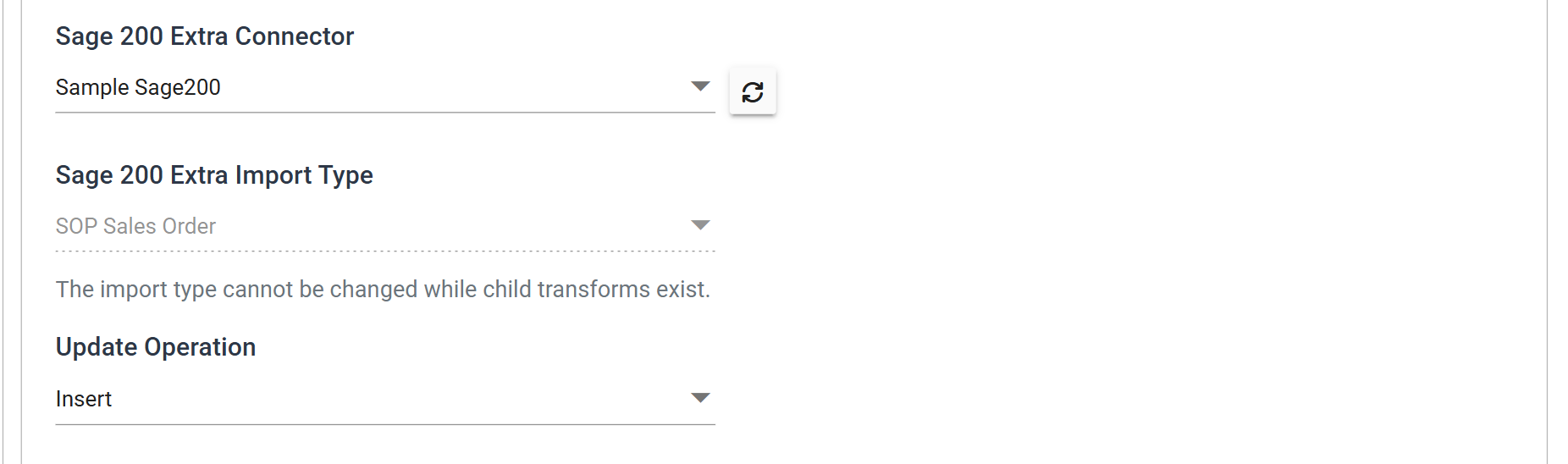 The Sage 200 connector's Setup tab: Sage 200 Extra Connector set to Sample Sage200, Sage 200 Extra Import Type set to SOP Sales Order, and Update Operation set to Insert