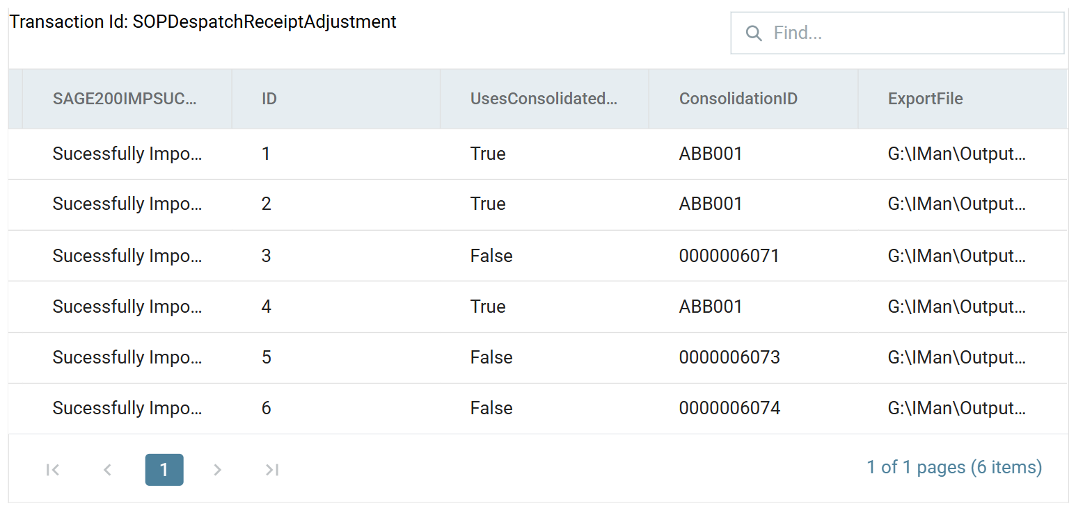 The transform's preview: six rows, with UsesConsolidatedBilling True on the three ABB001 rows and False on the rest, ConsolidationID reading ABB001 on those three and the order number on the others, and ExportFile a path under G:\IMan\OutputData