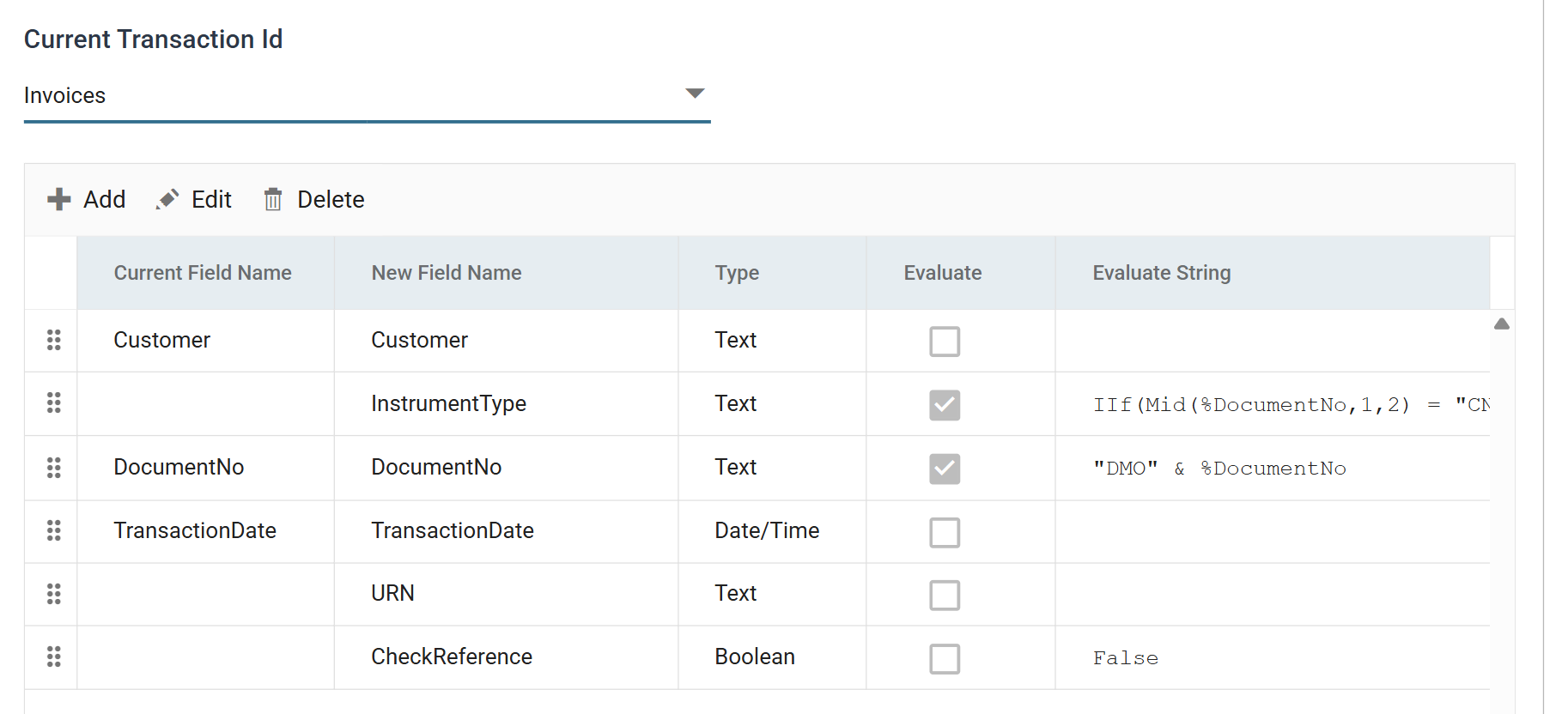 The Map transform's Field Mapping tab on the Invoices transaction: Customer, then InstrumentType and DocumentNo with their Evaluate boxes ticked and formulas beside them, TransactionDate, an empty URN, and CheckReference set to False