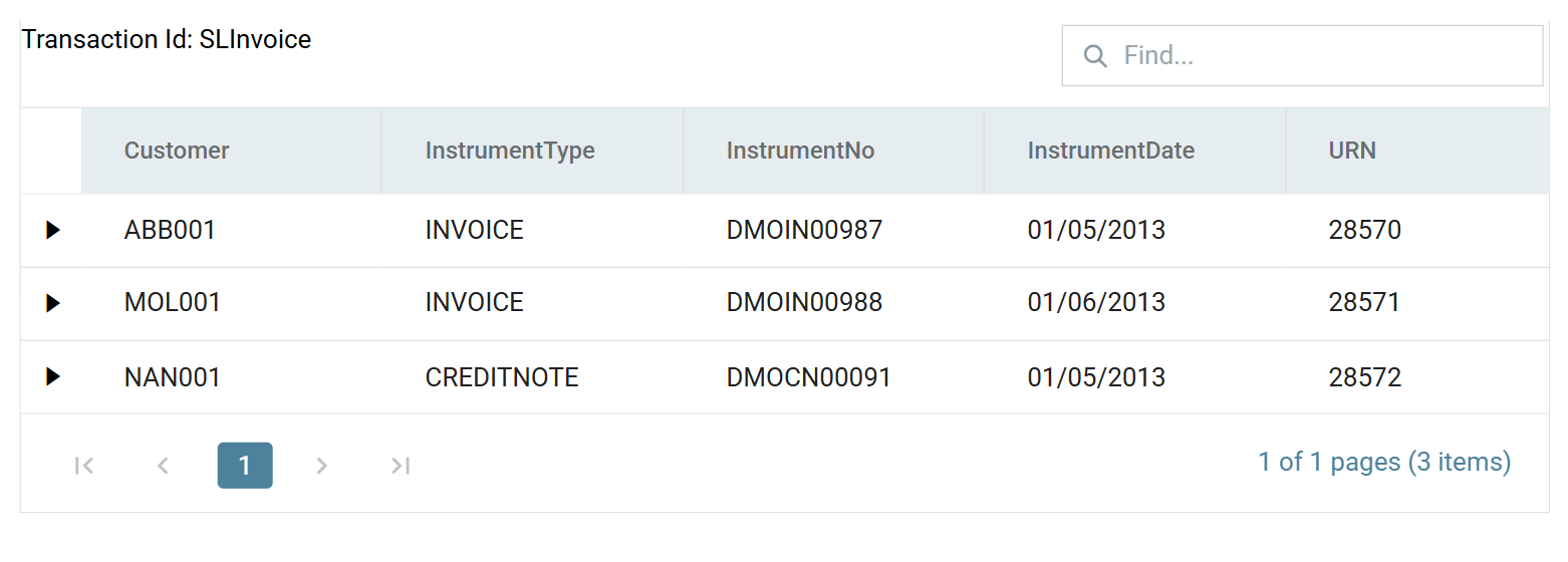 The connector's preview after a refresh: three rows showing Customer ABB001, MOL001 and NAN001, InstrumentType INVOICE, INVOICE and CREDITNOTE, InstrumentNo DMOIN00987, DMOIN00988 and DMOCN00091, and URN 28570, 28571 and 28572