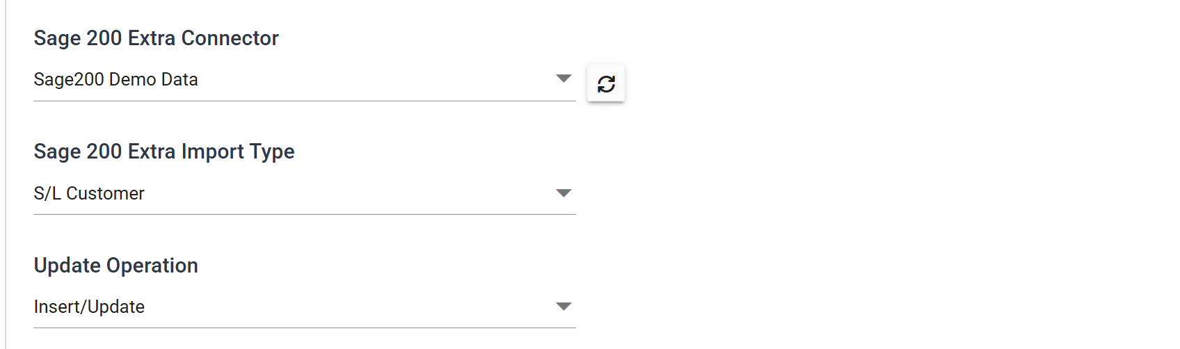 The Sage 200 connector's Setup tab: Sage 200 Extra Connector set to Sage200 Demo Data, Sage 200 Extra Import Type set to S/L Customer, and Update Operation set to Insert/Update