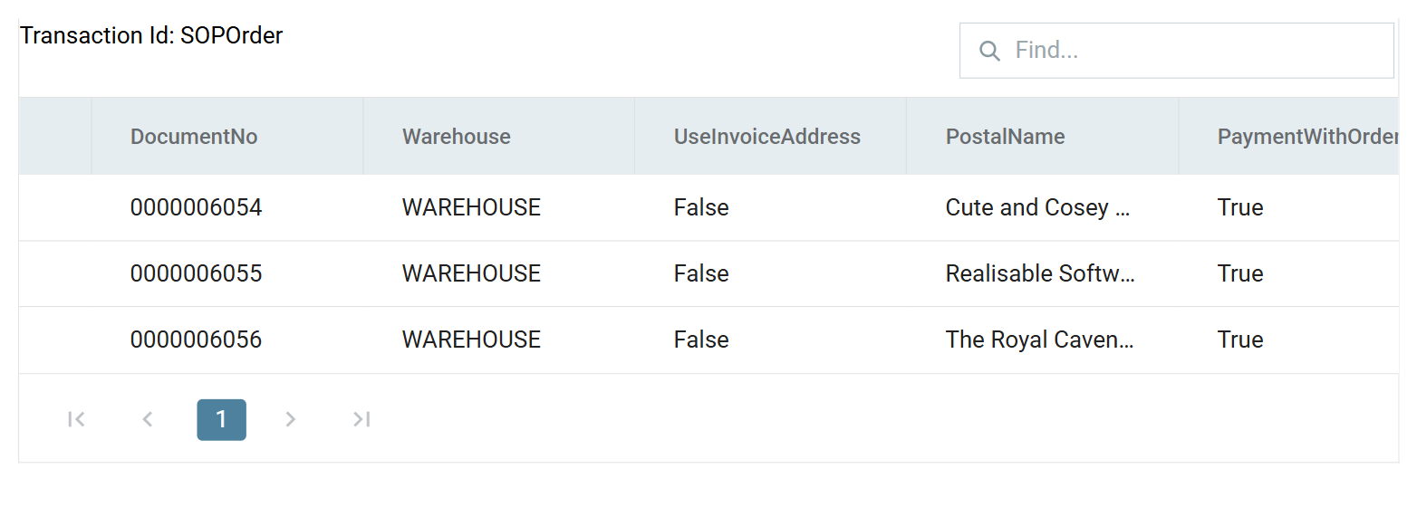 The connector's preview after a refresh, scrolled right to the DocumentNo column, which holds 0000006054, 0000006055 and 0000006056 for the three orders